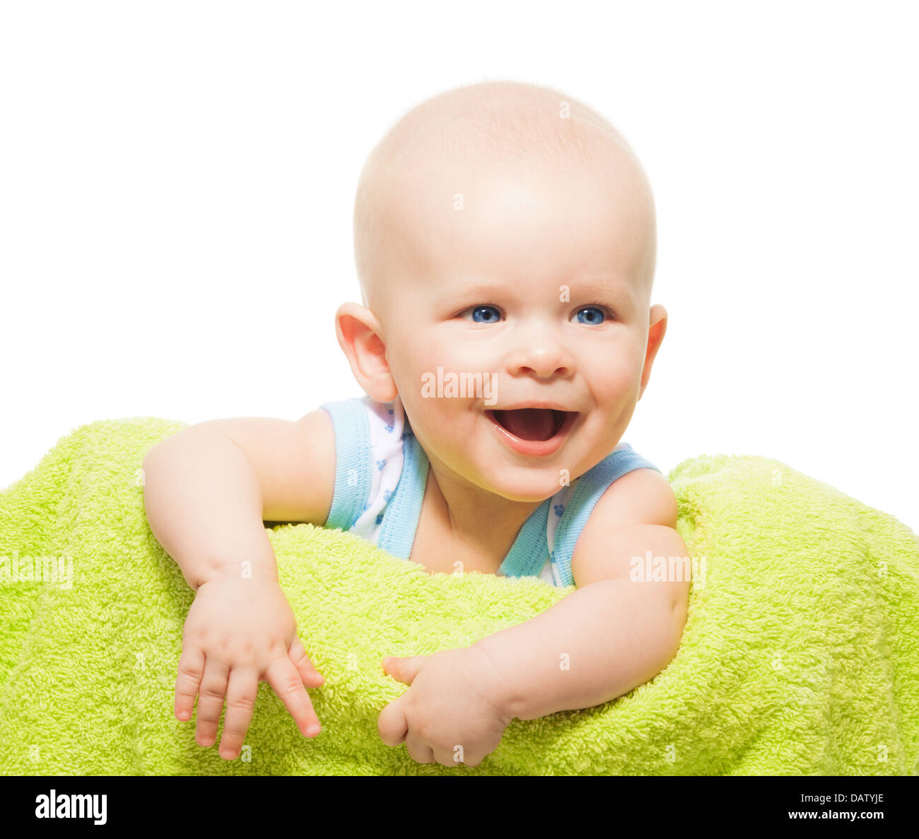 Niedliche kleine glückliches Baby junge close-up Portrait lachen Stockfoto