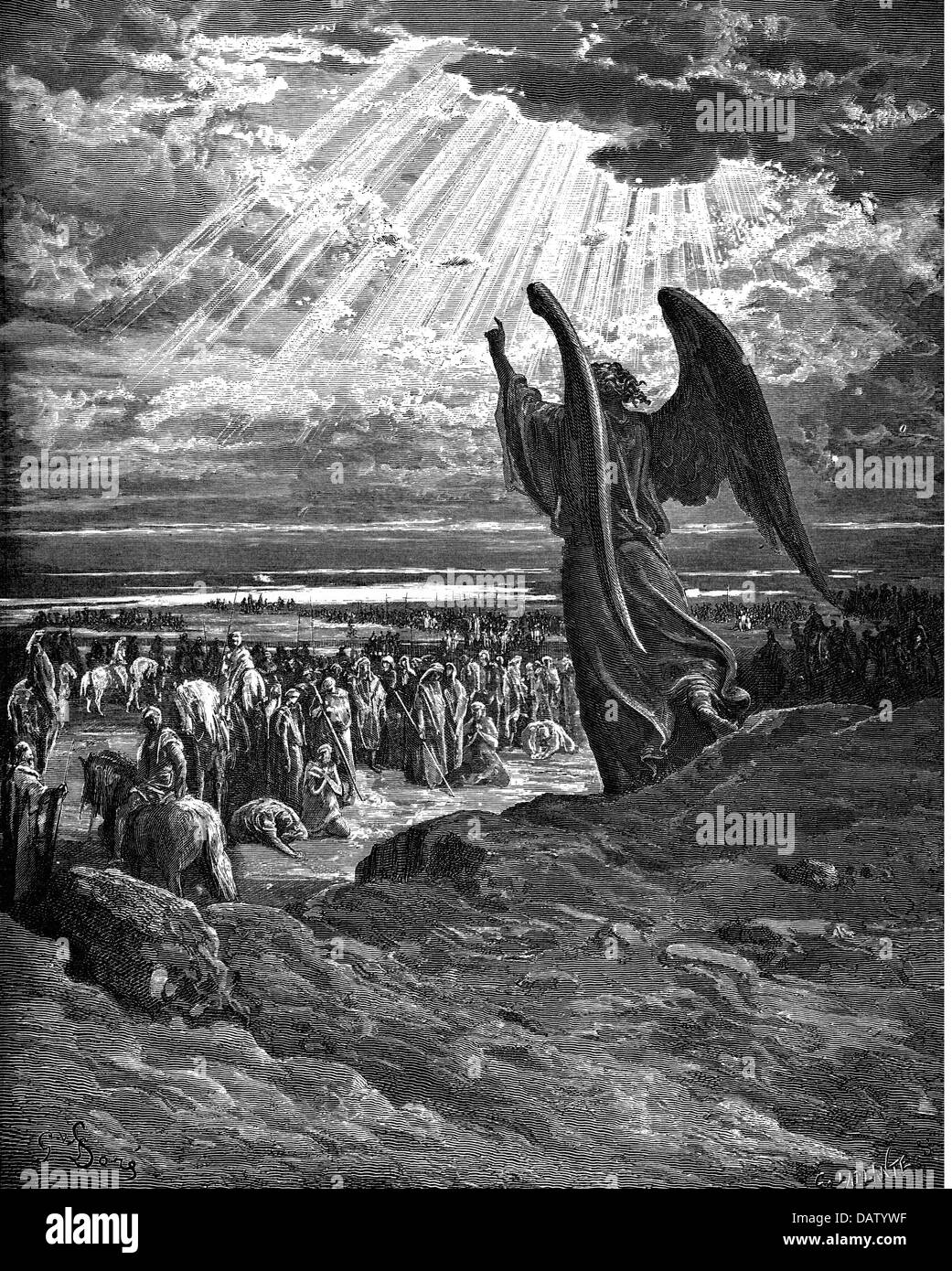 Religion, biblische Szenen, "Aussehen der Engel', Holzstich zur Bibel von Gustave Doré, 1866, Artist's Urheberrecht nicht gelöscht werden Stockfoto