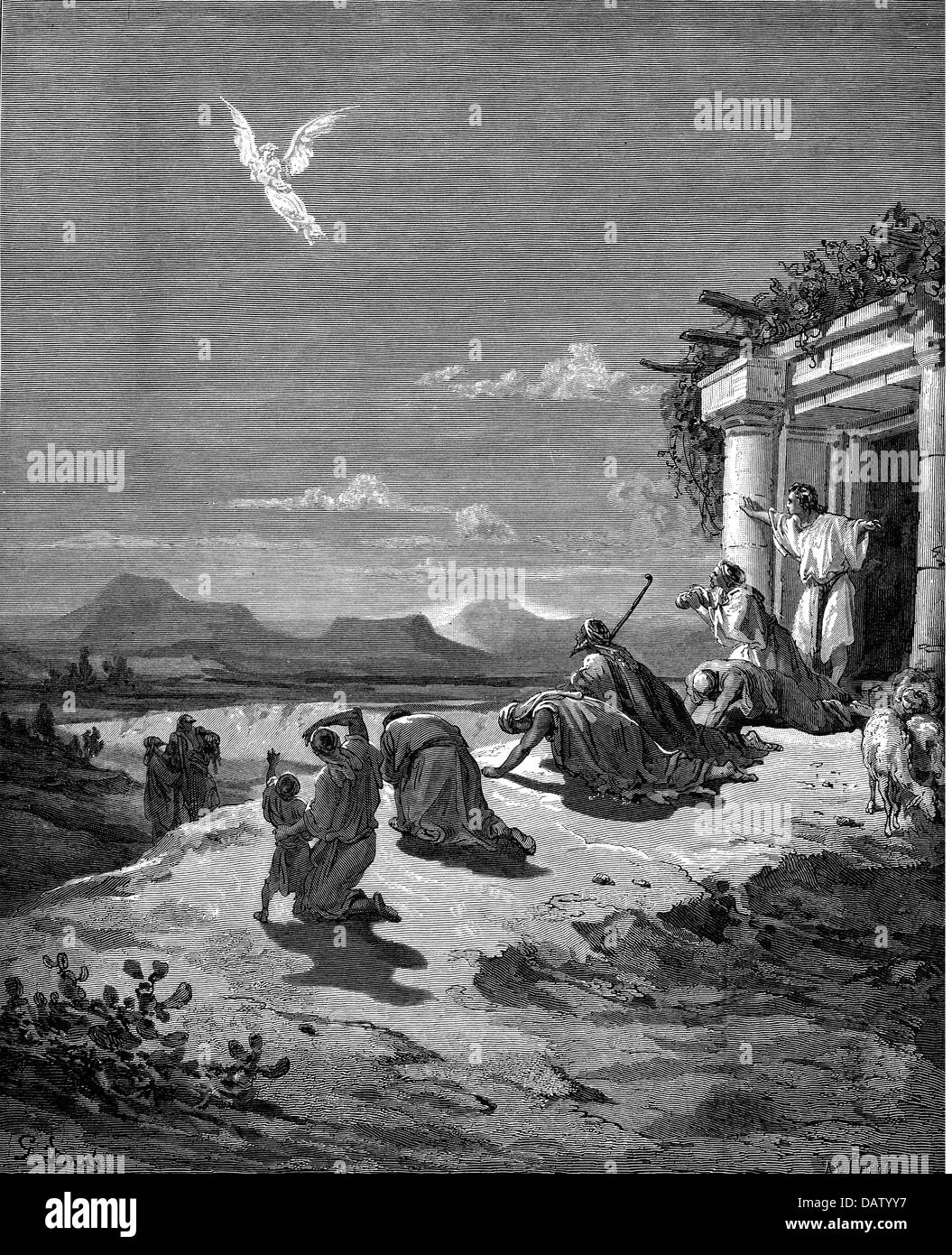 Religion, biblische Szenen, "Die Familie von Tobias sieht der Engel Verschwinden', Holzstich zur Bibel von Gustave Doré, 1866, Artist's Urheberrecht nicht geklärt zu werden. Stockfoto