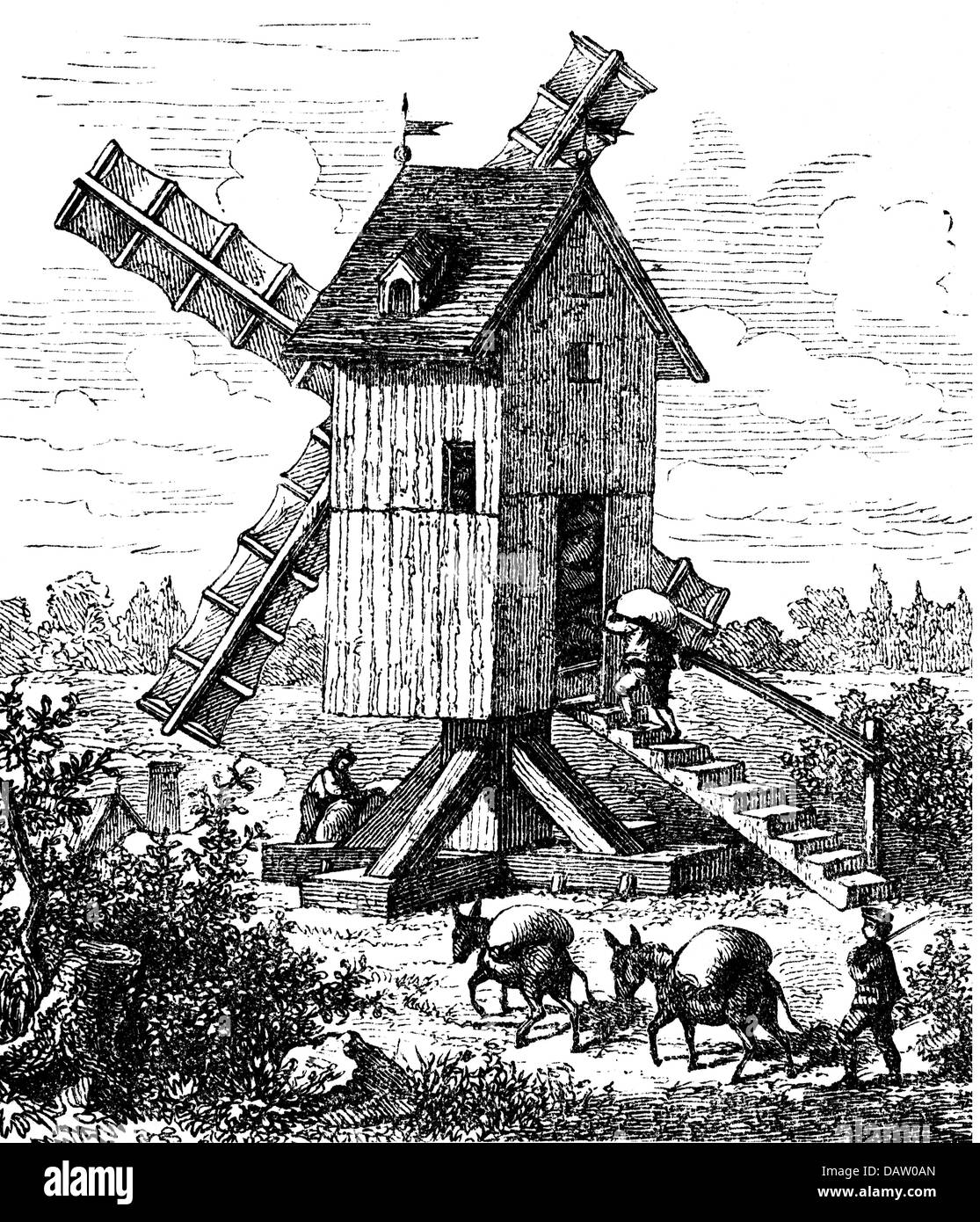 Energie, Wind, Windmühlen, Postmühle, Gravur, 16. Jahrhundert, 16. Jahrhundert, Gebäude, Gebäude, Technologie, Technik, Technologien, Technik, Impuls, Impulse, Antriebskraft, Antriebskraft, Windenergie, Windenergie, Windenergie, Windenergie, Stromerzeugung, Stromerzeugung, Mühlen, Mühlen, Getreidemühle, Getreidemühle, Getreidemühle, Getreidemühle, Getreidemühle, Getreidemühle, Getreidemühlen, Mühlen, Mehlmühlen, Bauern, Bauern, historisch, historisch, Tier, Tiere, Esel, Esel, Männer, Mann, männlich, Menschen, zusätzliche Rechte-Clearences-nicht verfügbar Stockfoto