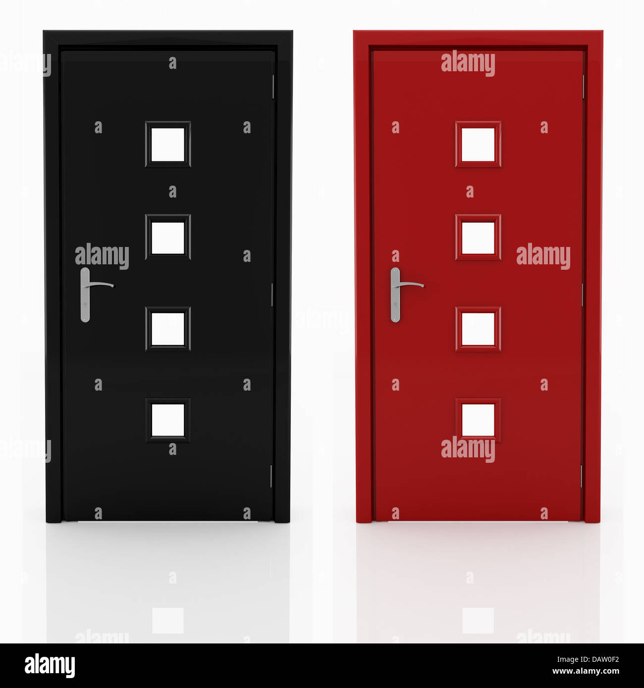 rote und schwarze geschlossene Tür isoliert auf weiss - Rendering Stockfoto