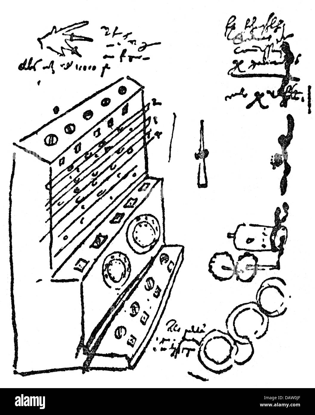 Schickart, Wilhelm, 22.4.1592 - 23.10.1635, deutscher Wissenschaftler (Mathematikwissenschaftler), seine Rechenmaschine, Skizze, 1623, Stockfoto