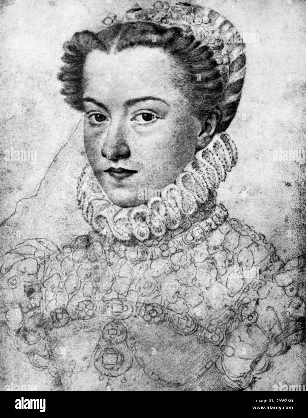 Elizabeth, 5.7.1554 - 22.1.1592, Königin von Frankreich 26.11.1570 - 30.5.1574, Porträt, Skizze von Francois Clouet, 1572, Stockfoto