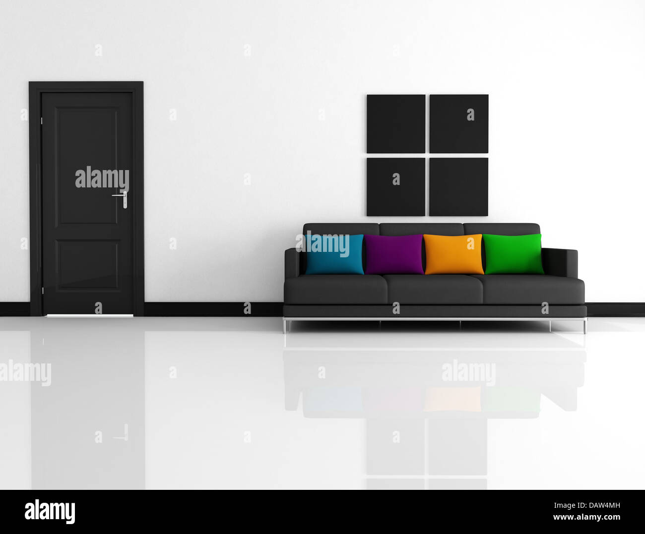 schwarz / weiß Wohnzimmer mit schwarzem Stoff Sofa mit bunten Kissen - Rendern Stockfoto