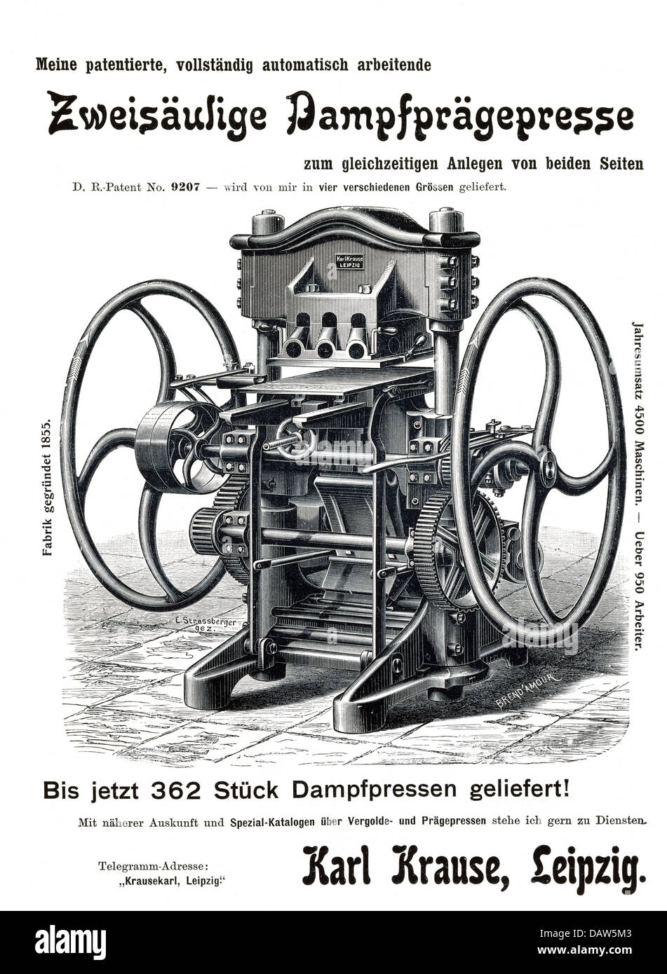 Werbung, Maschinen / Metalle / Motoren, Werbung für die zwei-Säulen-Dampfdruckmaschine von Karl Krause, Leipzig, um 1880, zusätzliche-Rechte-Clearences-nicht vorhanden Stockfoto