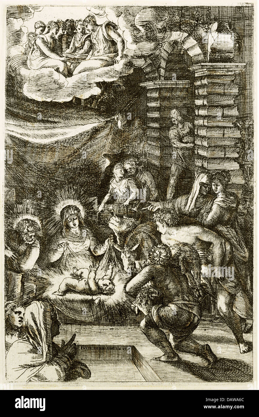 Bildende Kunst, Bonasone, Giulio (aktive 1531-1574), Print, Anbetung der Hirten, Kupferstich mit Radierung, 23,3 x 15,1 Stockfoto
