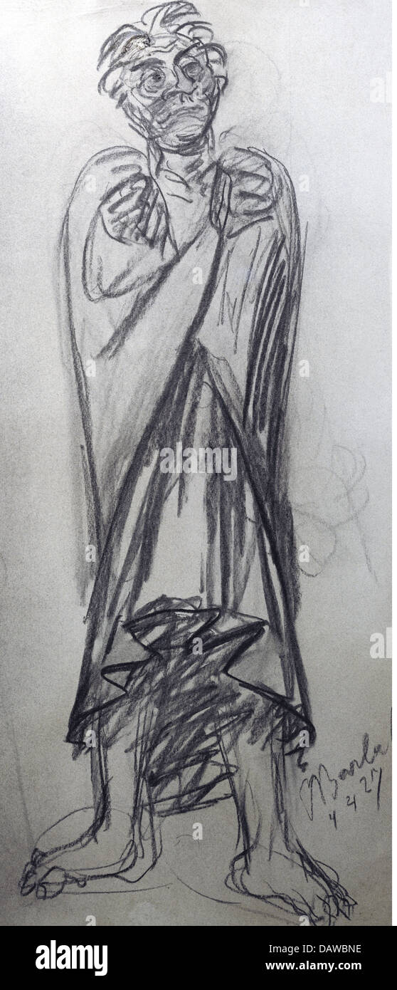 Bildende Kunst, Barlach, Ernst (1870-1938), Grafik, "Der Entschlossene" (bestimmt), Kohlezeichnung, 65,3 cm X 29 cm Stockfoto