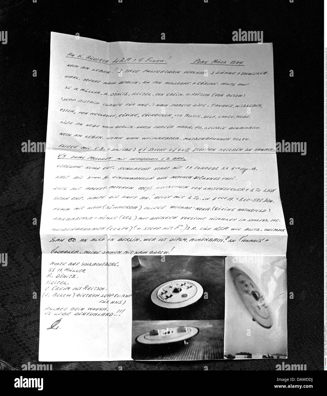 Raumfahrt, UFO, (Unidentified Flying Object), Dokumente, Brief des nicht identifizierten Ingenieurs an K. Rüdiger, Prag, März 1944, , zusätzliche-Rechte-Clearences-nicht verfügbar Stockfoto