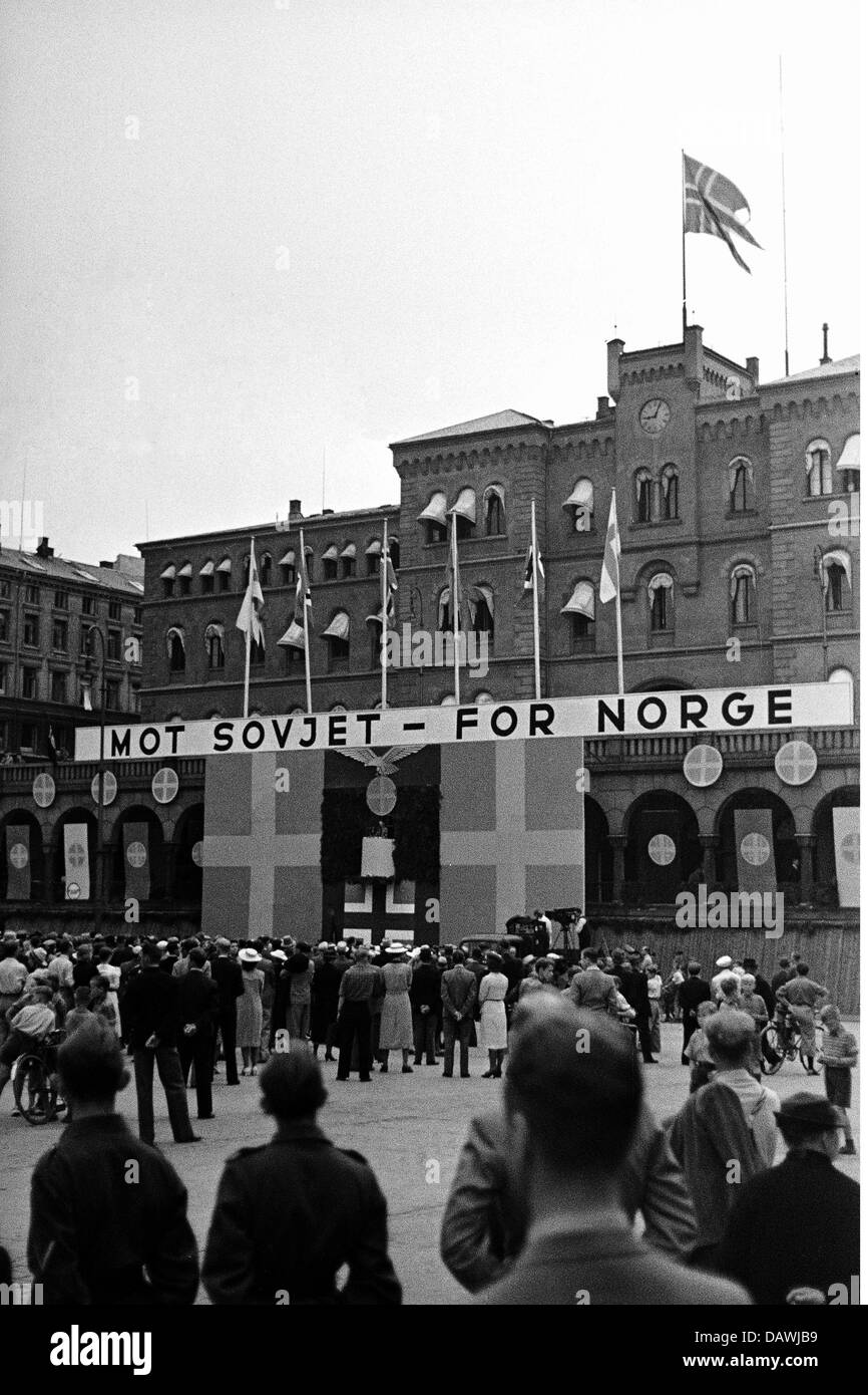 Ereignisse, Zweiter Weltkrieg, Norwegen, deutsche Besatzung, antisowjetische Kundgebung, Banner 'Möve Sovjet - für Norge' (gegen die Sowjetunion - für Norwegen), um 1942, zusätzliche-Rechte-Clearences-nicht verfügbar Stockfoto