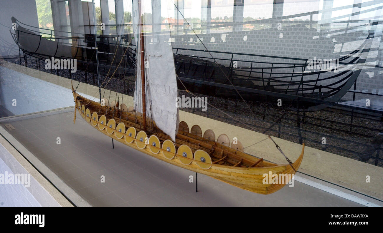 Ein Wikinger-Schiff aus dem 11. Jahrhundert, im Jahr 1962 im Roskilde-Fjord entdeckt und ein Modell für das gleiche Schiff im Schiff-Saal des Museums für Wikingerschiffe in Roskilde, Dänemark, 22. Mai 2007 vorgestellt werden. Schiffbau und Seefahrt der Wikinger sind im Museum präsentiert verfügt über einen eigenen Kai und eine archäologische Werkstatt bietet Wikinger-Schiff Ausflüge mit dem Boot im Sommer. Foto: Ma Stockfoto