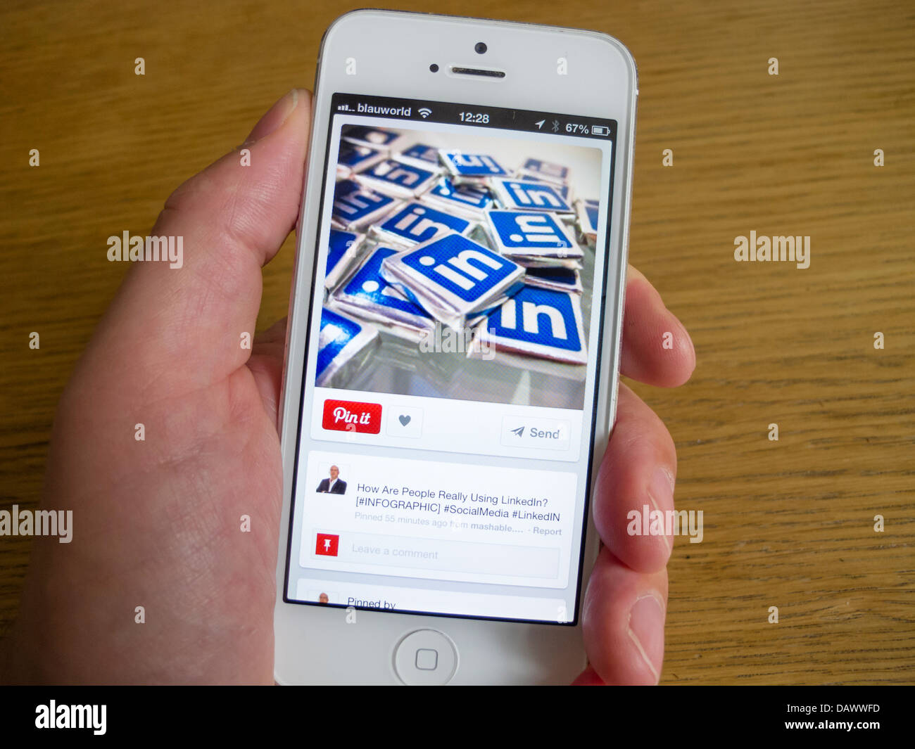 Verbunden-in auf Pinterest social Media und Foto-sharing-app auf weiße iPhone 5 Smartphone weißes iPhone 5 smartphone Stockfoto