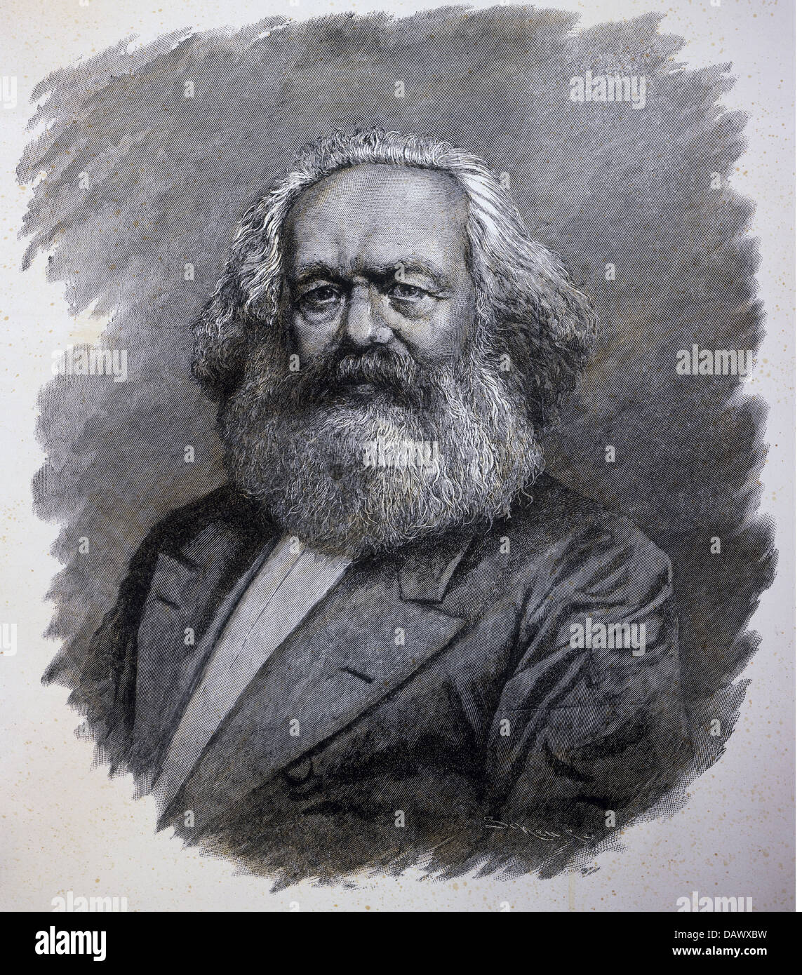 Marx, Karl, 5.5.1818 - 14.3.1883, deutscher Philosoph, Portrait, Kupferstich von H. Scheu, 1891, Private Sammlung, Holz Stockfoto