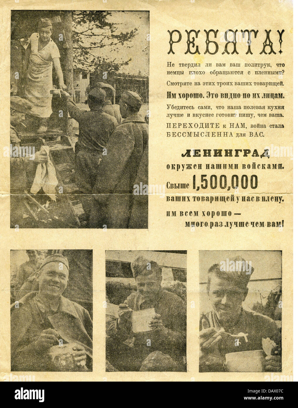 Ereignisse, 2. Weltkrieg, Propaganda, deutscher Flyer, gedruckt, um sowjetische Soldaten im Leningrader Gebiet zur Wüste an die Deutschen zu überreden, Herbst 1941, Zusatzrechte-Clearences-nicht vorhanden Stockfoto