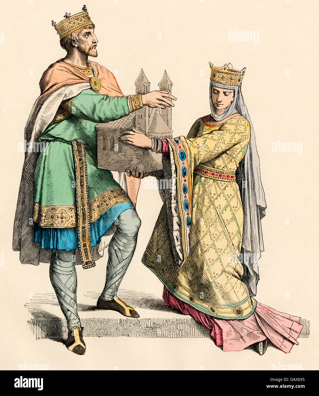 Der französische König und die Königin, wahrscheinlich Louis VII. und Eleonore von Aquitanien, 1100. Hand-farbig drucken Stockfoto