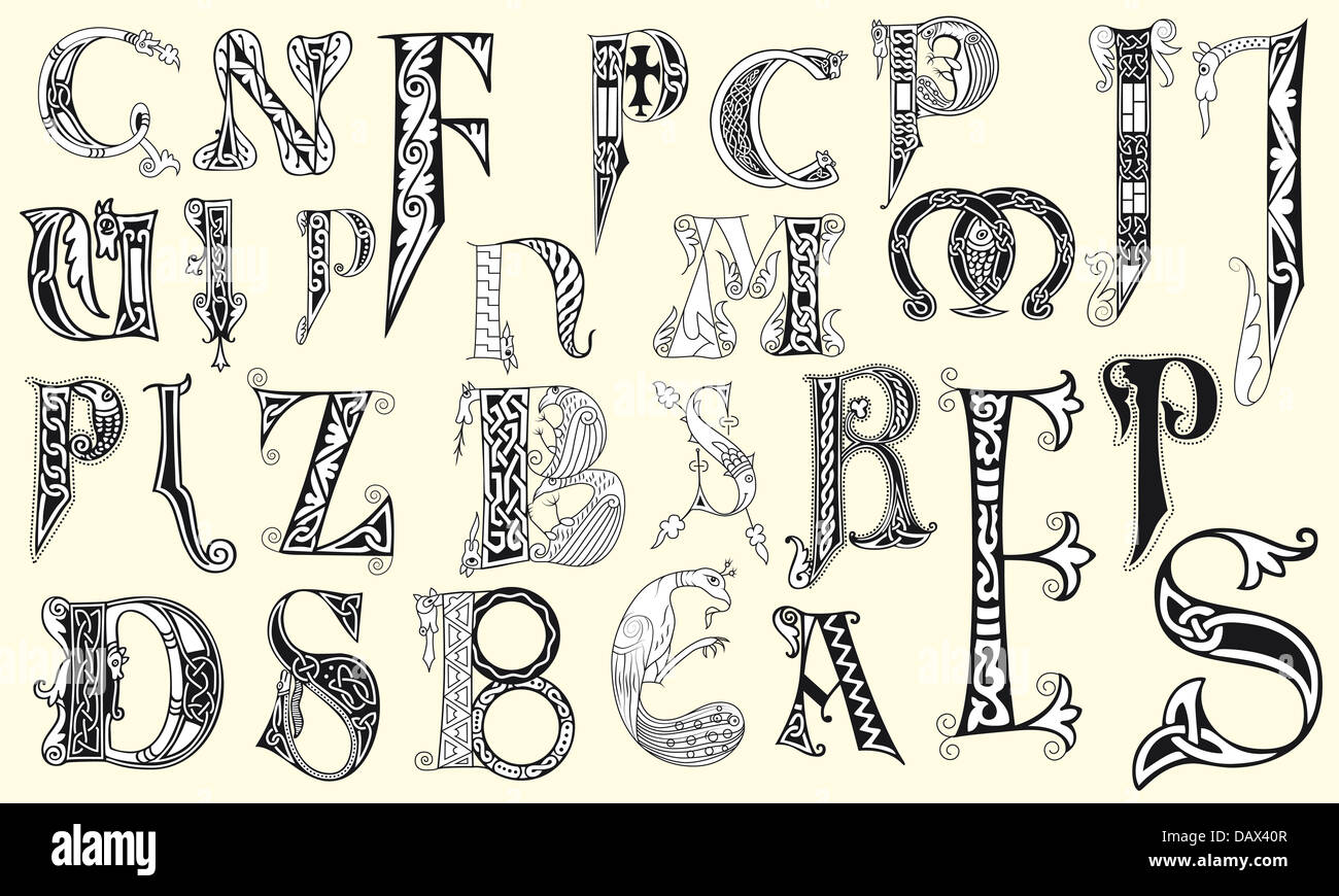 Verschiedene mittelalterliche Großbuchstaben Stockfoto