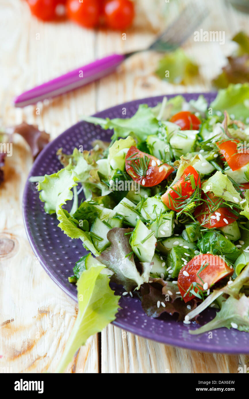 Frischer Salat mit Kopfsalat und Gurken Essen Nahaufnahme Stockfoto