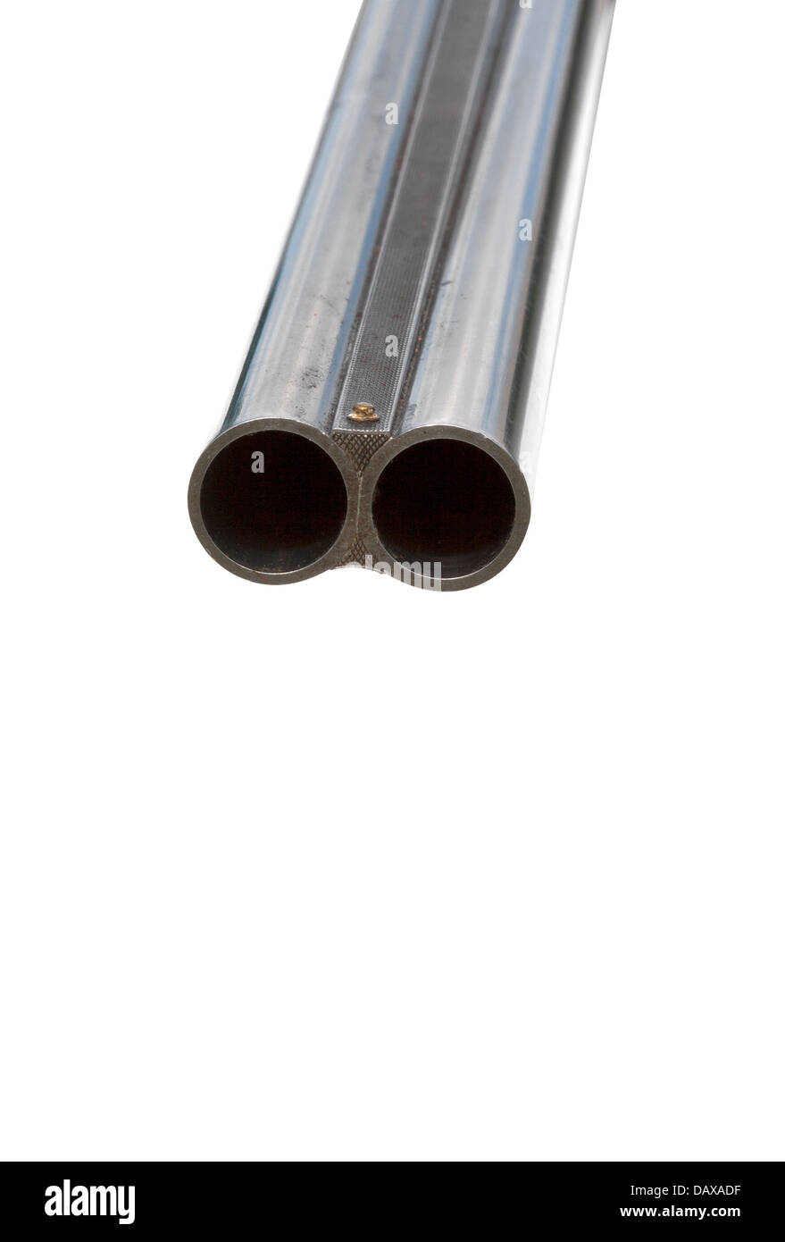 Doppelläufige alte Schrotflinte Makro isoliert auf weiss Stockfoto