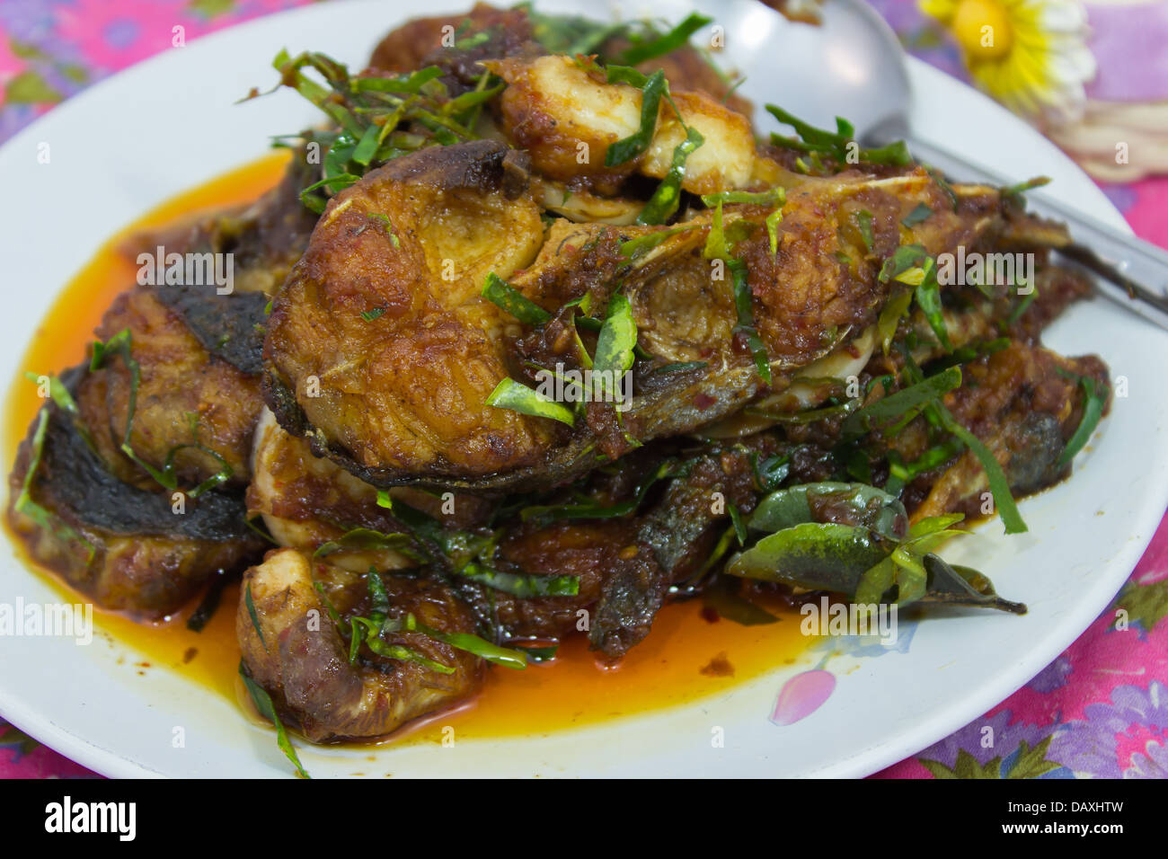 Choo Chee Pla Curry-gebratener Fisch Thai-Küche. Scharfes Curry, Zutaten: Fisch, Gemüse, thai Kräuter. Stockfoto