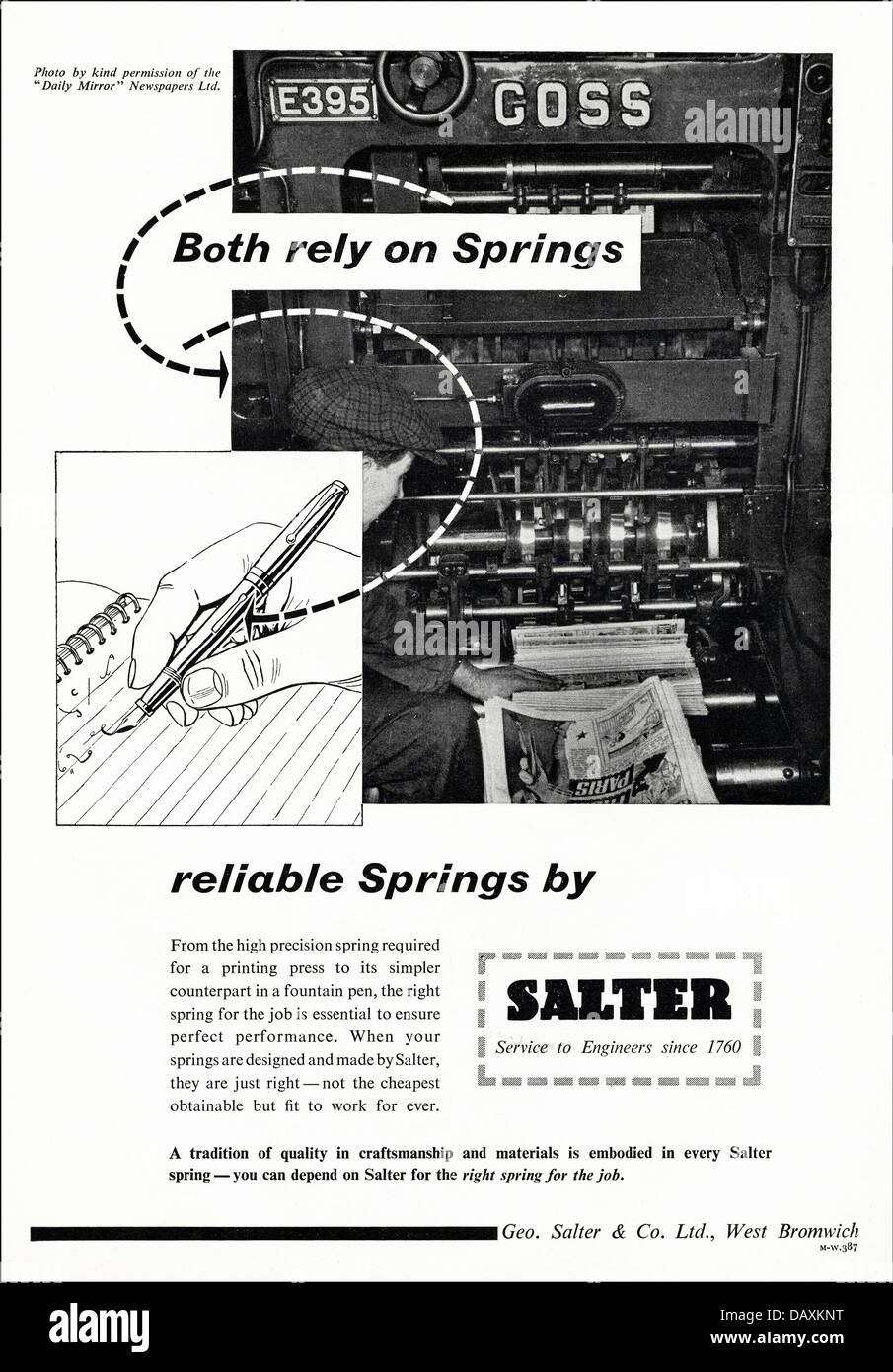 Anzeige für Federn von Geo. Salter & Co. Ltd West Bromwich England UK Lieferanten der Flugzeug Industrie Werbung in Fachzeitschrift ca. 1955 Stockfoto