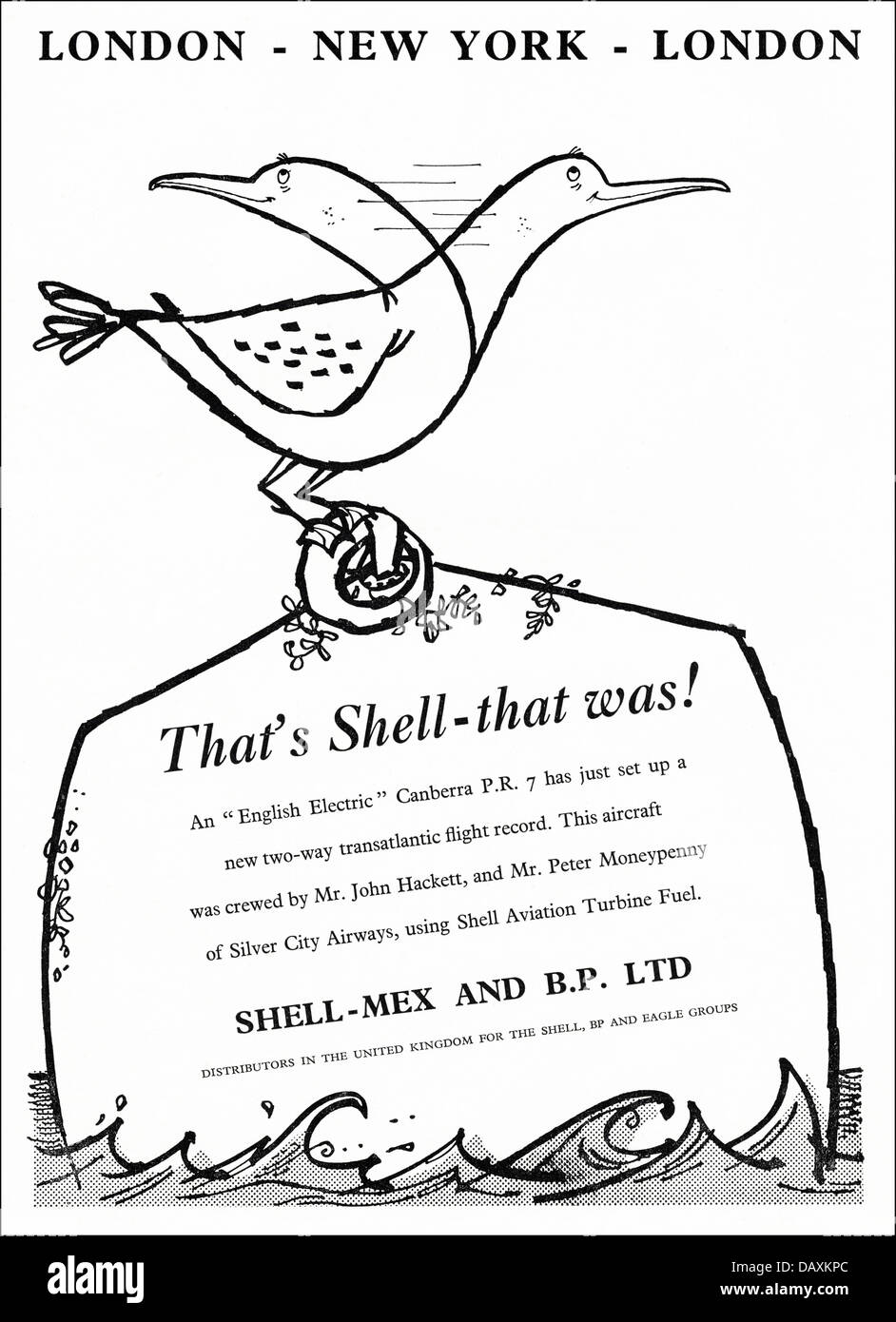 Anzeige für Flugbenzin durch Shell-Mex und B.P. Ltd England UK Lieferanten auf die Flugzeug-Industrie Anzeige in Fachzeitschrift ca. 1955 Stockfoto