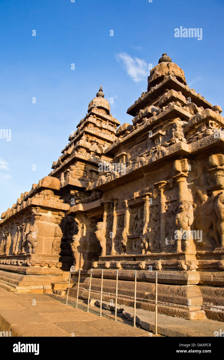 Shore Tempel, Mahabalipuram, Kanchipuram Bezirk, Tamil Nadu, Indien Stockfoto