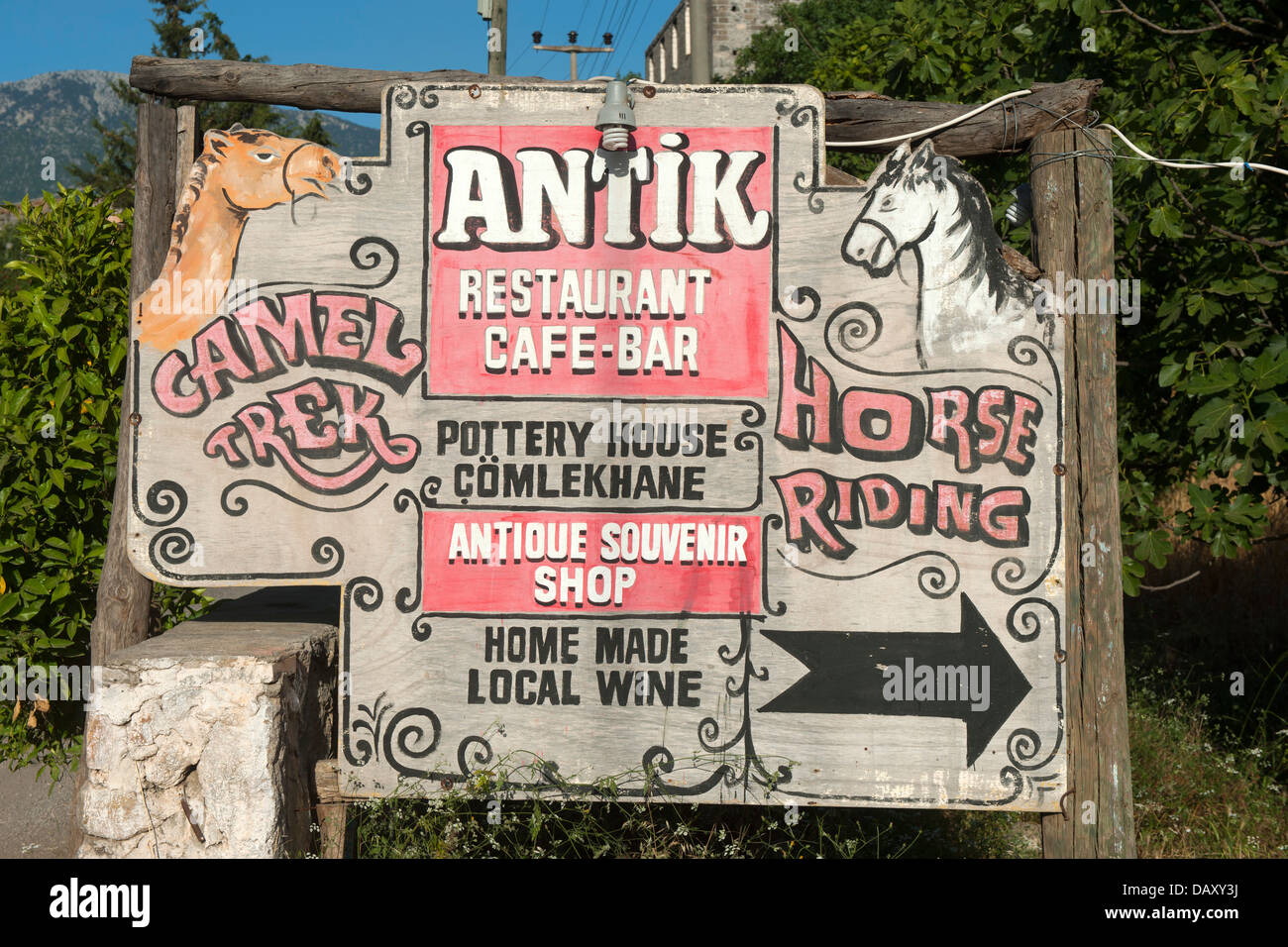 Ägypten, Kayaköy, Touristisches Schild, Fethiye, Provinz Mugla Stockfoto