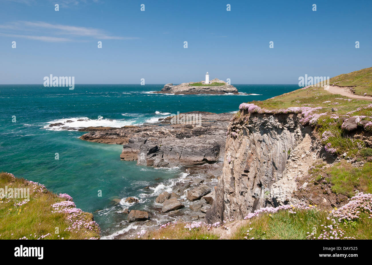 Der Leuchtturm auf Godrevy Insel auf der Ostseite von St Ives Bay Cornwall Stockfoto