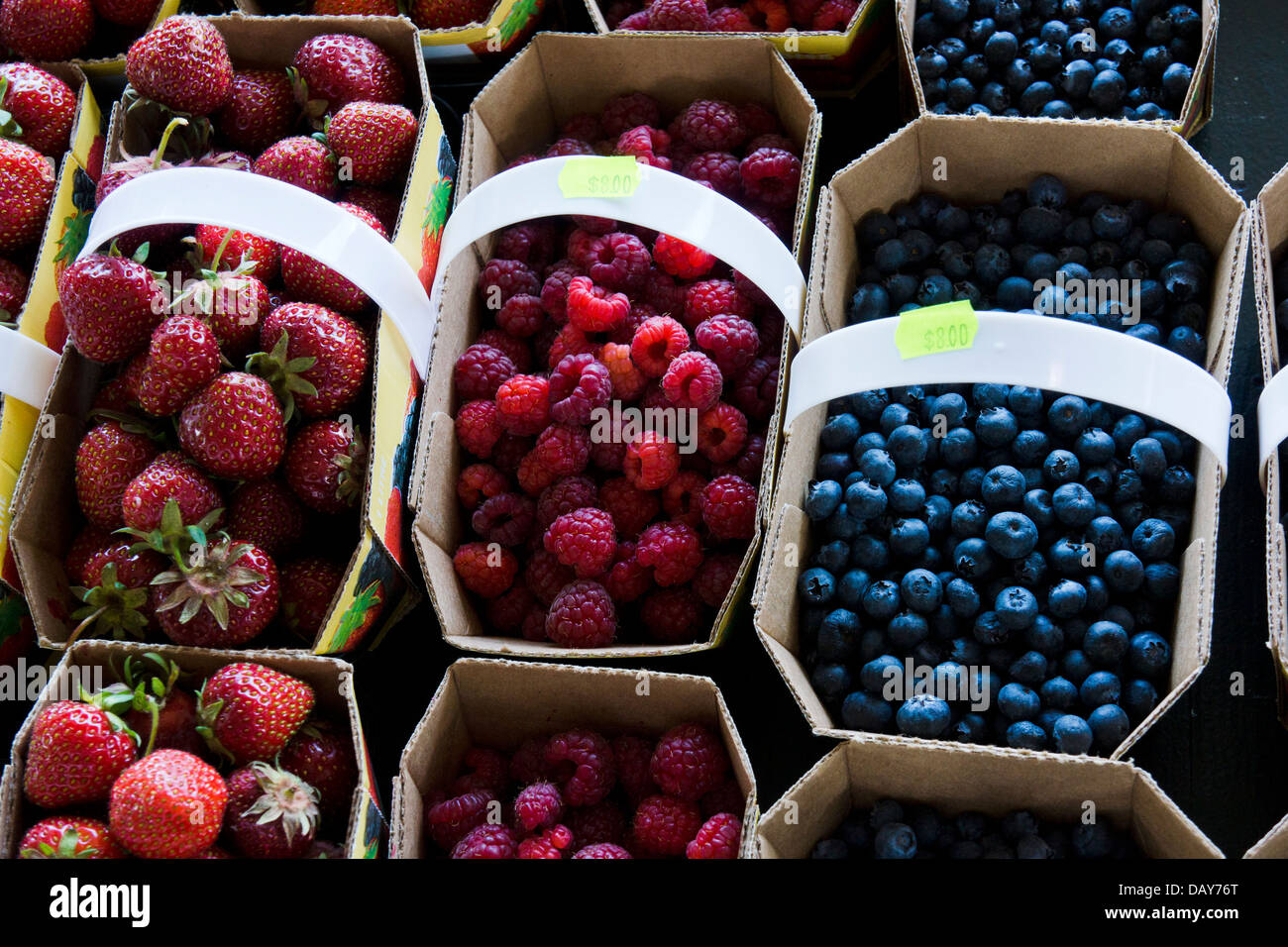 Frische lokale Erdbeeren, Himbeeren und Heidelbeeren auf Jean Talon Market in Little Italy. Montreal, Quebec, Kanada. Stockfoto