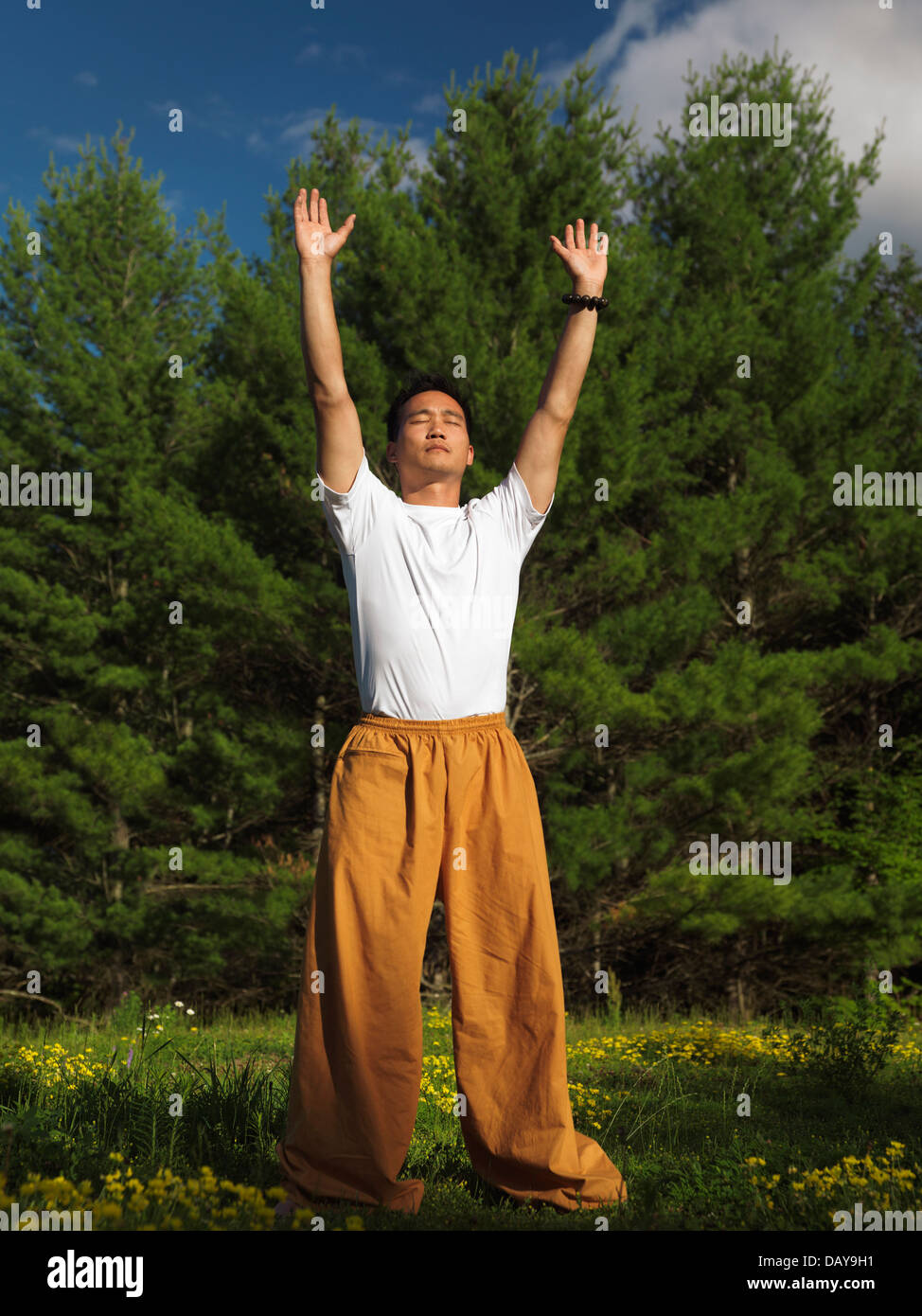 Lizenz verfügbar unter MaximImages.com - Porträt eines Mannes, der in der Natur bei Sonnenaufgang Qi Gong Meditation praktiziert. Qigong, Chi Kung, Chi Kung. Stockfoto