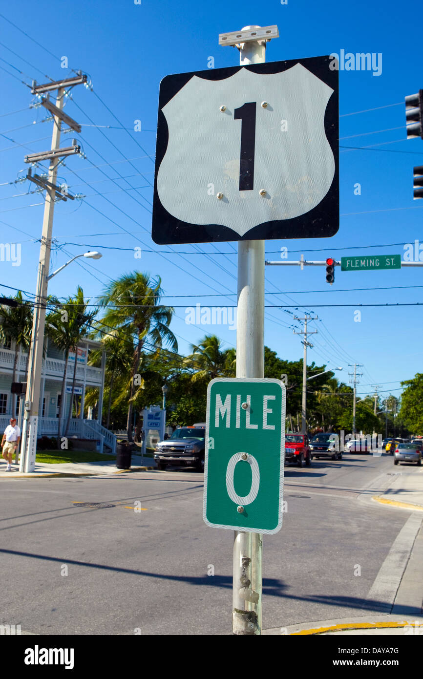 Meile 0 Marker Zeichen für United States Highway 1 (US Highway 1) und in Key West, Florida. Stockfoto