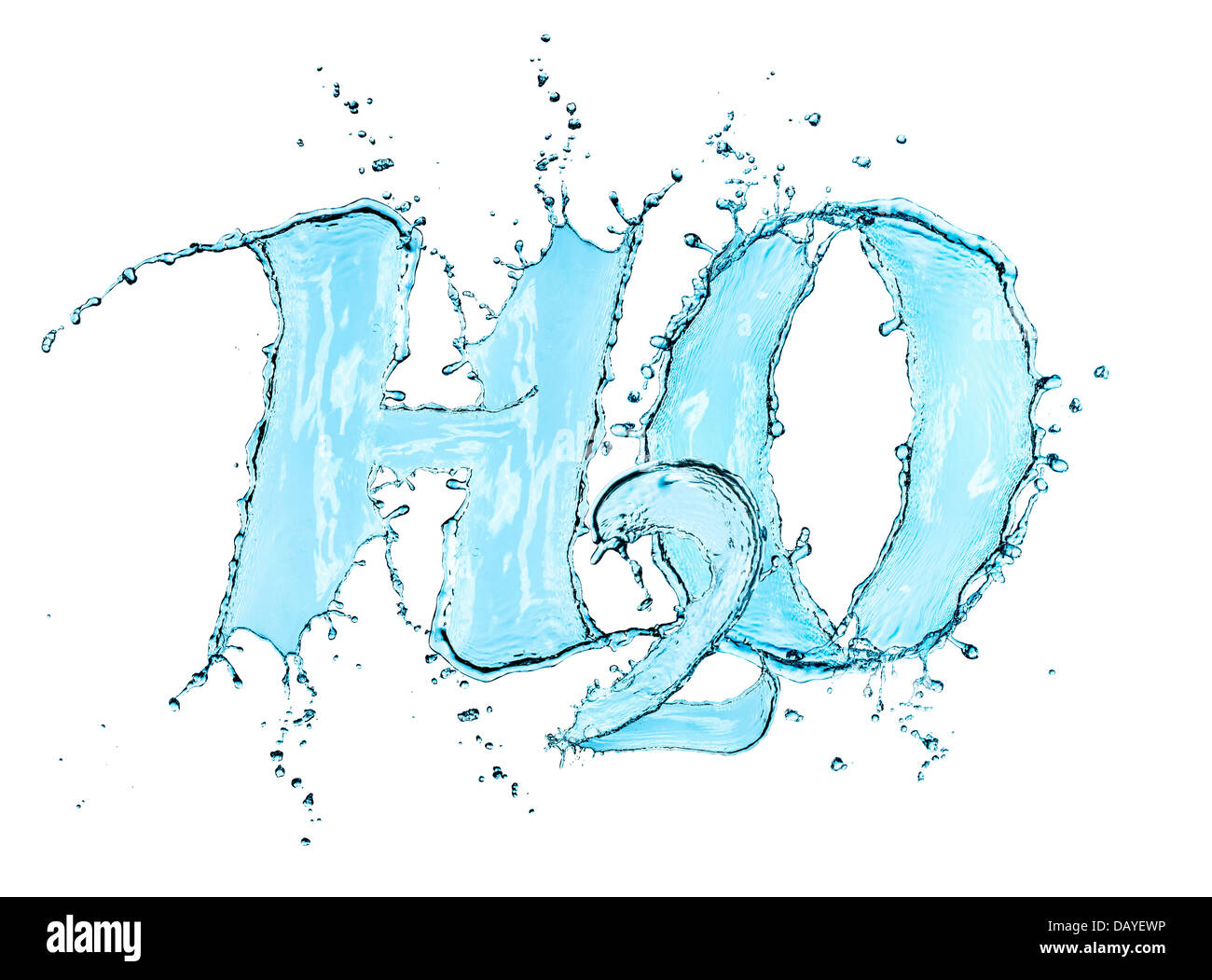 H2O Spritzer Wasser Formel isoliert auf weißem Hintergrund Stockfoto