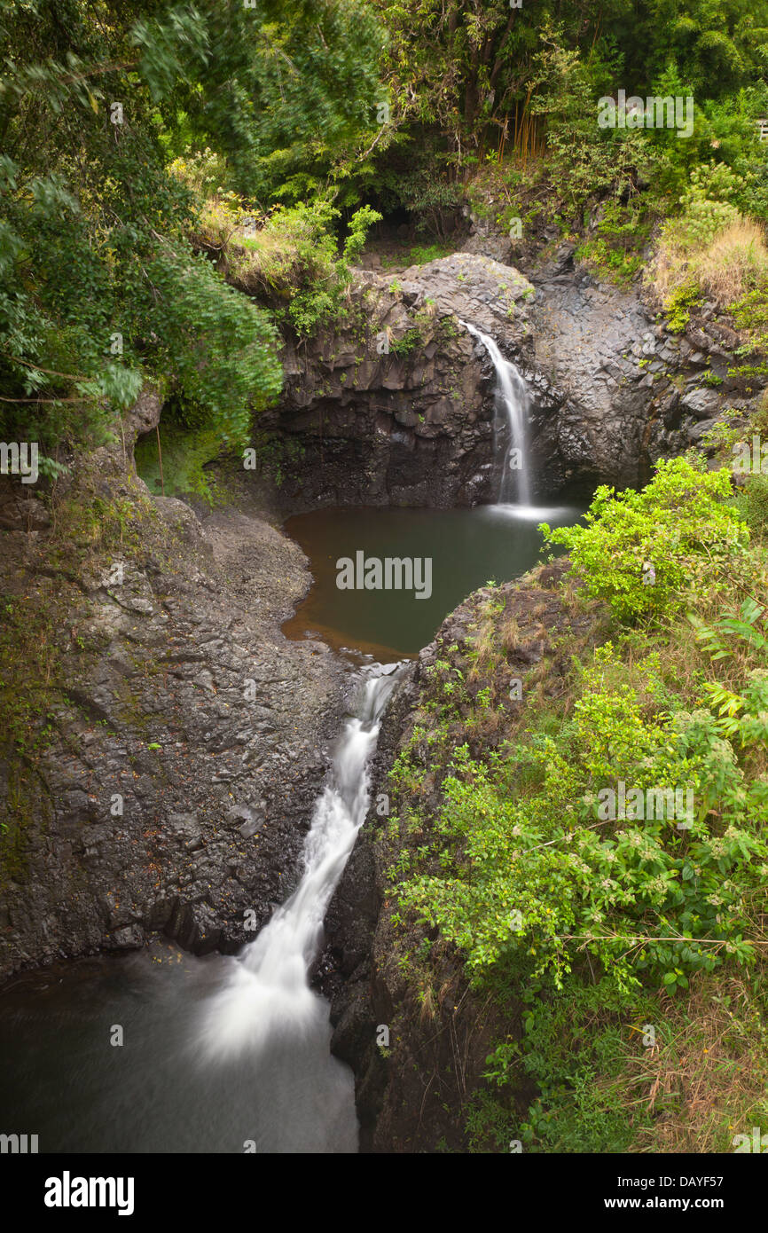 Kleine Wasserfälle auf dem Weg zu den berühmten Waimoku Falls in Maui, Hawaii. Stockfoto