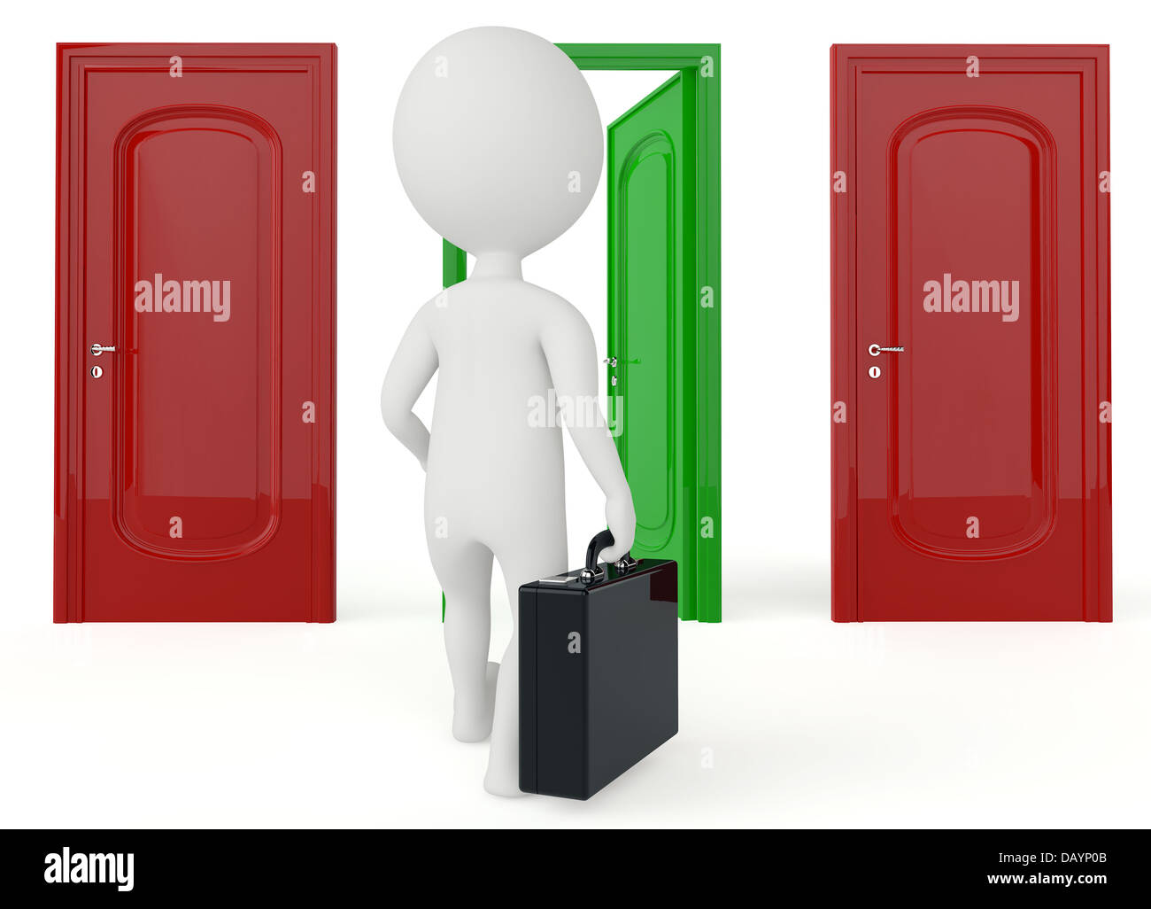 humanoide 3D-Charakter gehen auf eine offene Tür auf weiß Stockfoto