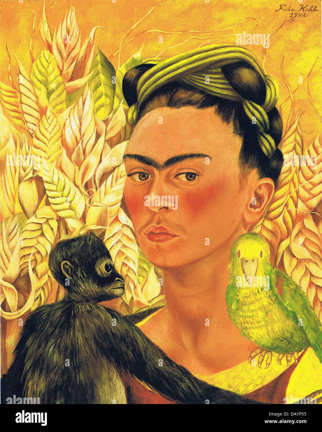 Frida Kahlo Selbstbildnis mit Affen und Papageien 1942 Stockfoto