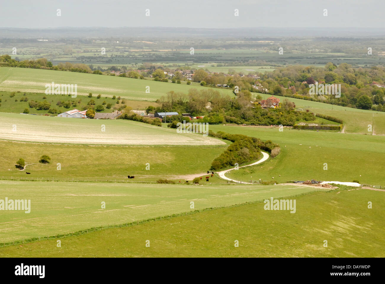 Die Ansicht Nord-Ost über die Sussex Weald aus der malerischen Steyning Schüssel in den South Downs National Park in West Sussex. Stockfoto