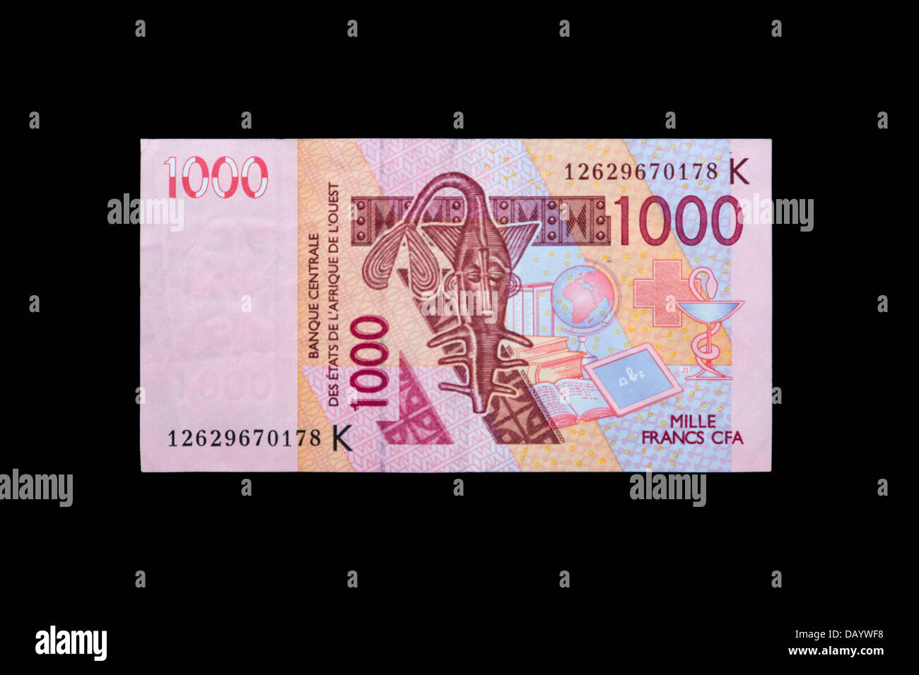Westafrikanische-Franc-Banknote, Vorderseite. 1000-CFA-Franken. Stockfoto