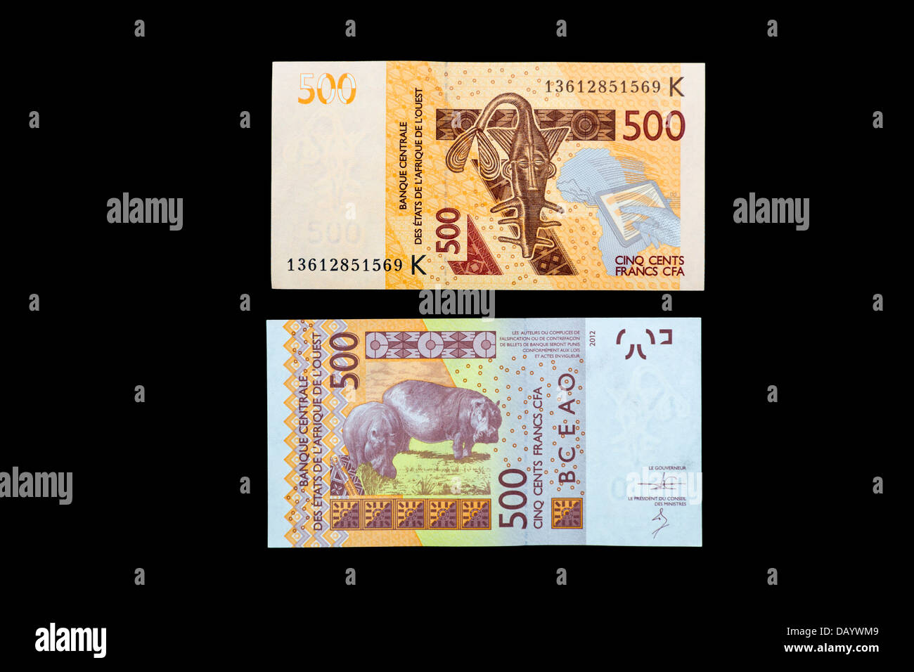 Westafrikanische-Franc-Banknote, Vorder- und Rückseite. 500 CFA-Franken. Stockfoto