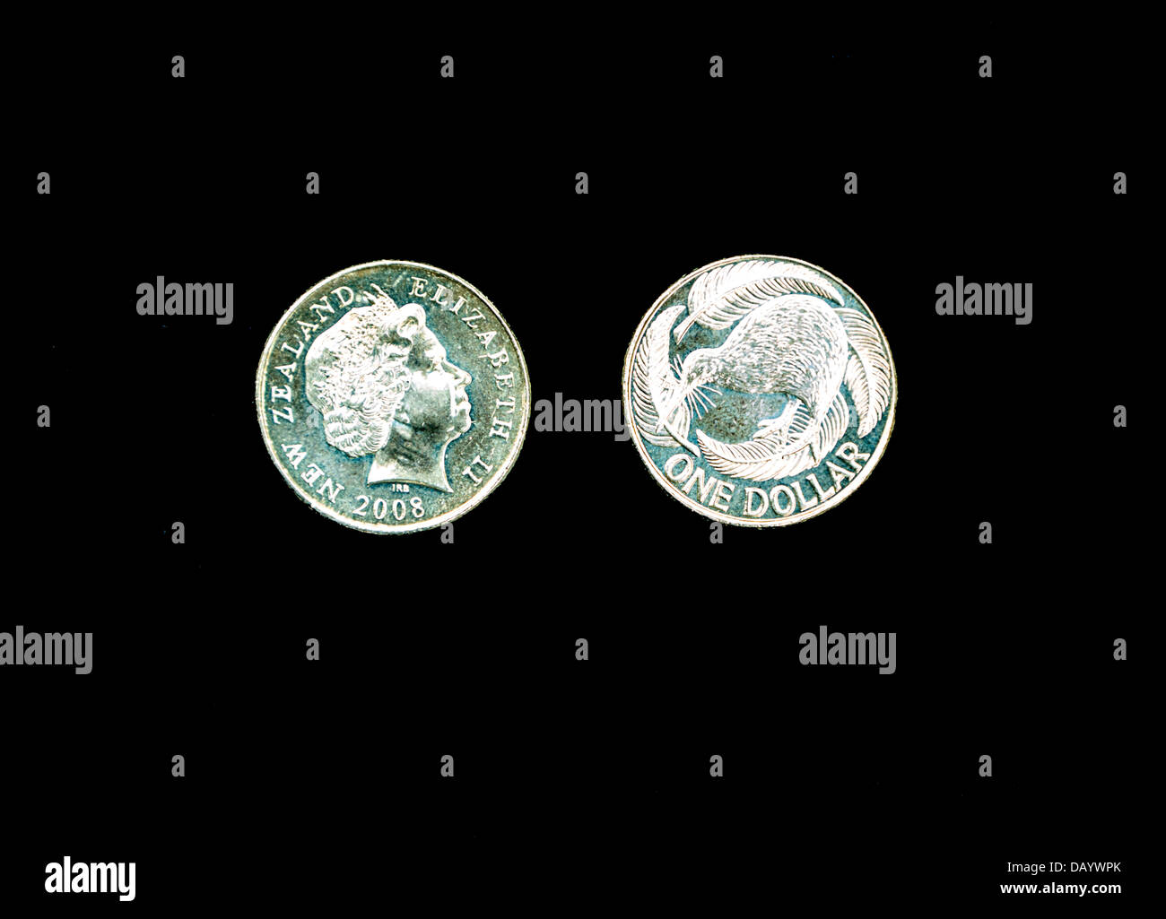 New Zealand Münzen. 1 Dollar.  Queen Elizabeth und Kiwi. Stockfoto