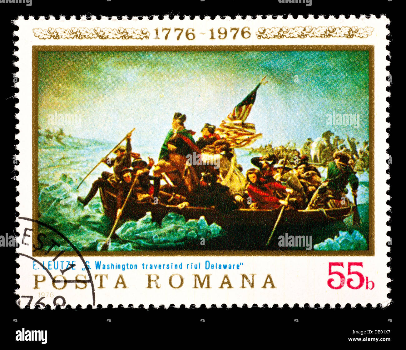 Briefmarke aus Rumänien, das Gemälde "Washington Crossing the Delaware" von Emanuel Leutze darstellen. Stockfoto