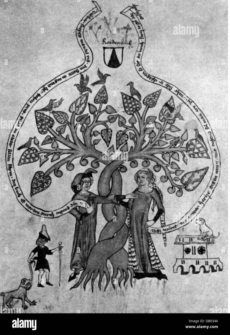 Menschen, Liebe, Mittelalter, Ritter und Dame unter einem Baum der Liebe, Widmungsblatt in einer Handschrift des 'der Welsche Gast', von Thomasin von Zirclaere, um 1340, Zusatz-Rechte-Clearenzen-nicht vorhanden Stockfoto