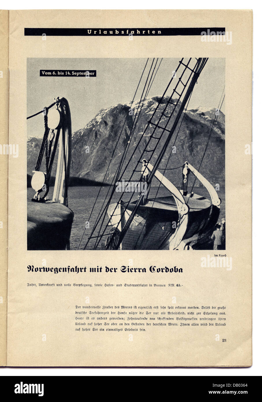 Nationalsozialismus, Organisationen, Kraft durch Freude, Programmzeitschrift der Gau München-Oberbayern, August 1938, Werbespot, Fahrt nach Norwegen mit der 'Sierra Cordoba', Zusatzrechte-Clearences-nicht verfügbar Stockfoto