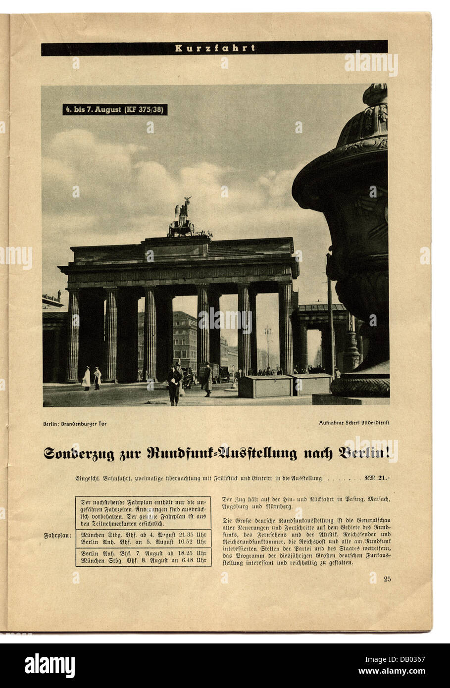 Nationalsozialismus, Organisationen, Kraft durch Freude, Programmzeitschrift der Gau München-Oberbayern, August 1938, Werbespot, Sonderzug zur Sendeausstellung in Berlin, Zusatzrechte-Clearences-nicht vorhanden Stockfoto