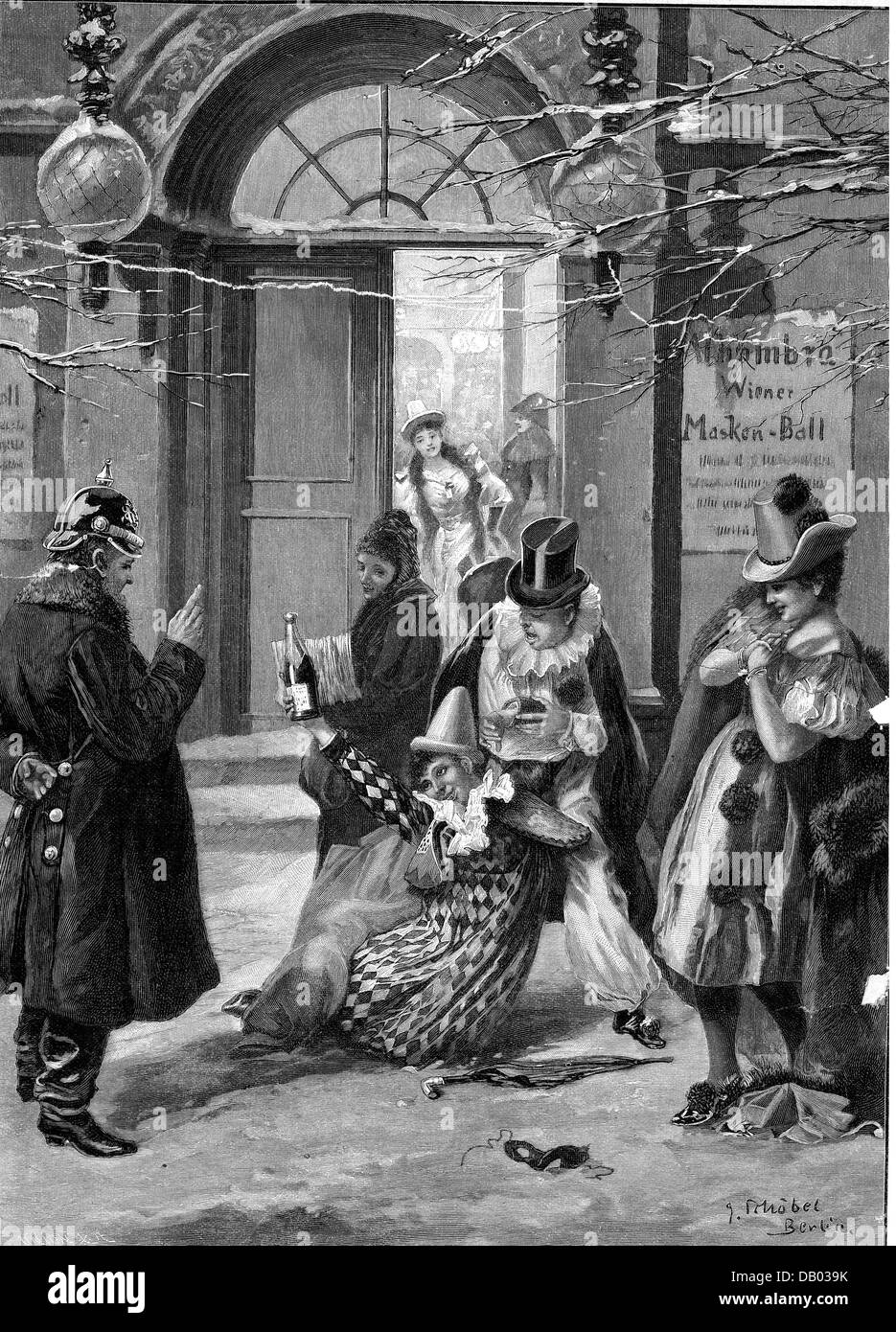 Festlichkeit, Karneval, 'nach dem Maskenball', betrunkene Frau wird von einem Polizisten ermahnt, Holzstich von G. Schoebel, 1890er Jahre, Zusatzrechte-Clearences-nicht vorhanden Stockfoto