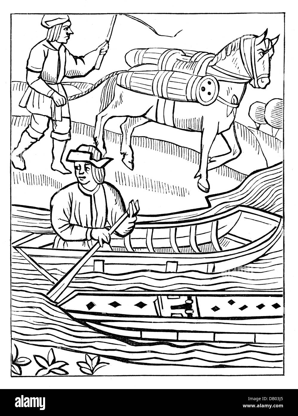 Transport / Transport, Schifffahrt, Binnenschifffahrt, Fischtransport zu Wasser und zu Land, Holzschnitt, 'Ordonnances royaulx de la prevote des marchands', Frankreich, 1528, Zusatzrechte-Clearences-nicht verfügbar Stockfoto