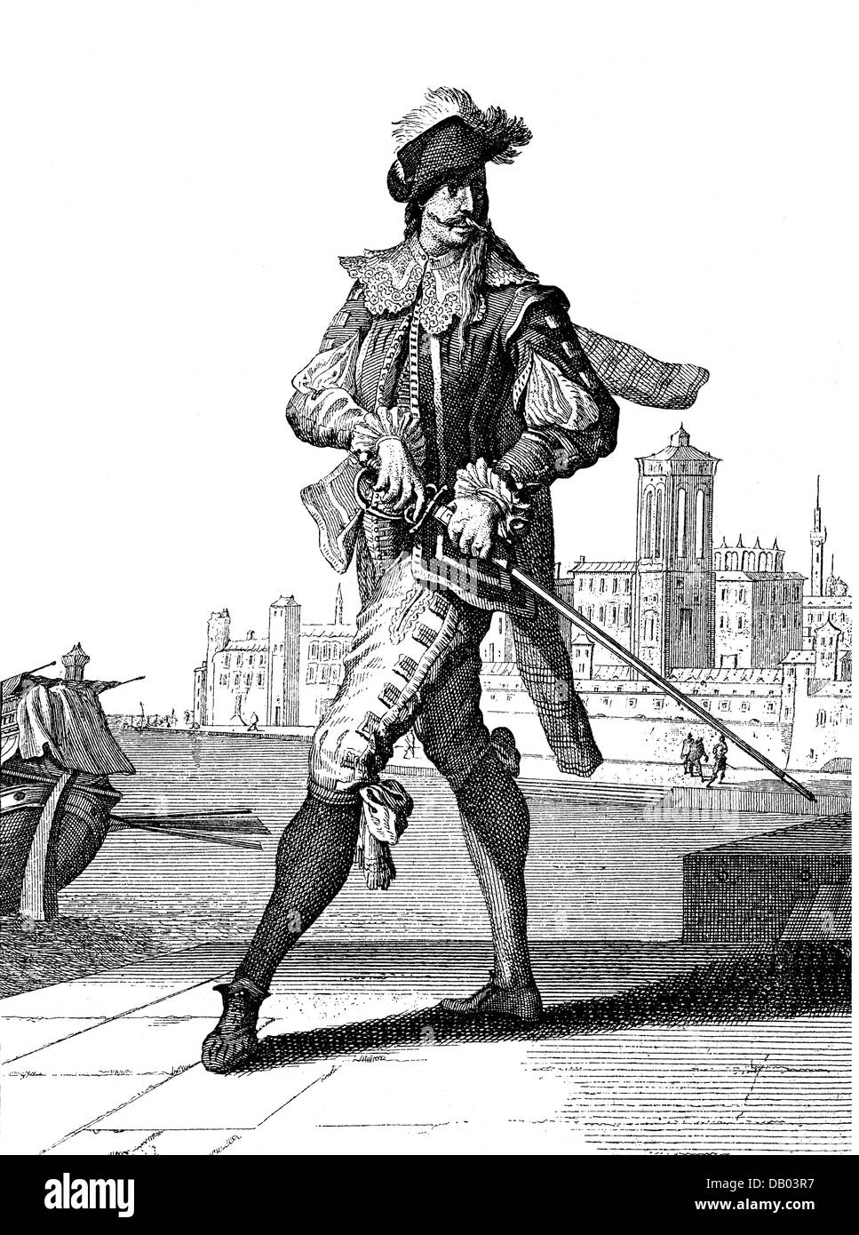 Militär, Spanien, Spanischer Offizier, Holzstich nach zeitgenössischen Kupferstich von "Neu-neu eroeffnete Welt-Galeria" (Galerie der Welt geöffnet) von Abraham a Sancta Clara, Nürnberg, 1703, Artist's Urheberrecht nicht geklärt zu werden. Stockfoto