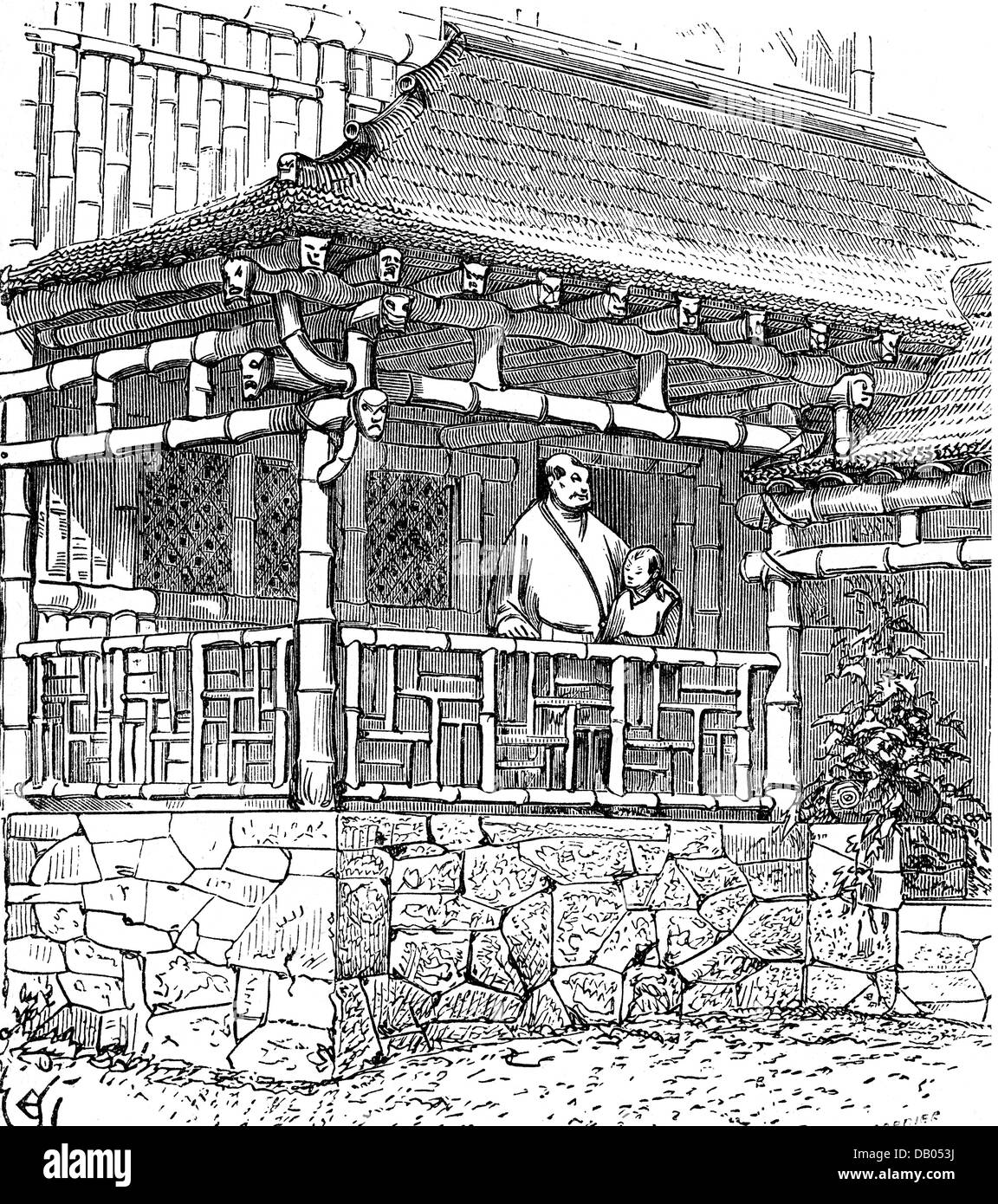 Architektur, Gebäude, chinesisches Haus aus Bambus, Holzstich nach Zeichnung von Eugene Viollet-le-Duc, Ende des 19. Jahrhunderts, Bambus, Asien, Asiatisch, China, Dach, Dächer, Vater, Väter, Sohn, Söhne, Balustrade, Balustraden, Haus, Wohnen, Häuser, Wohnungen, Wohnhaus, Wohnhäuser, Architekturdesign, Architekturstil, Architekturstile, historisch, historisch, Viollet le Duc, Menschen, Zusätzliche-Rechte-Clearences-Nicht Verfügbar Stockfoto