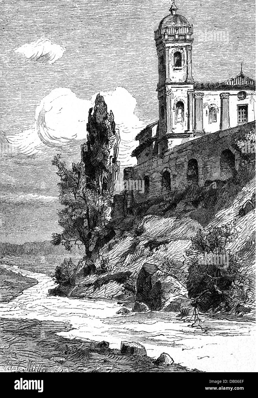 Geographie / Reisen, Italien, Cosenza, Mündung des Busento in den Fluss Crati, oberhalb der Kirche San Francesco da Paolo, Ansicht, Holzstich, 19. Jahrhundert, Katholische Kirche, Religion, Religionen, christentum, Kalabrien, Südeuropa, historisch, historisch, Zusatzrechte-Clearences-nicht vorhanden Stockfoto