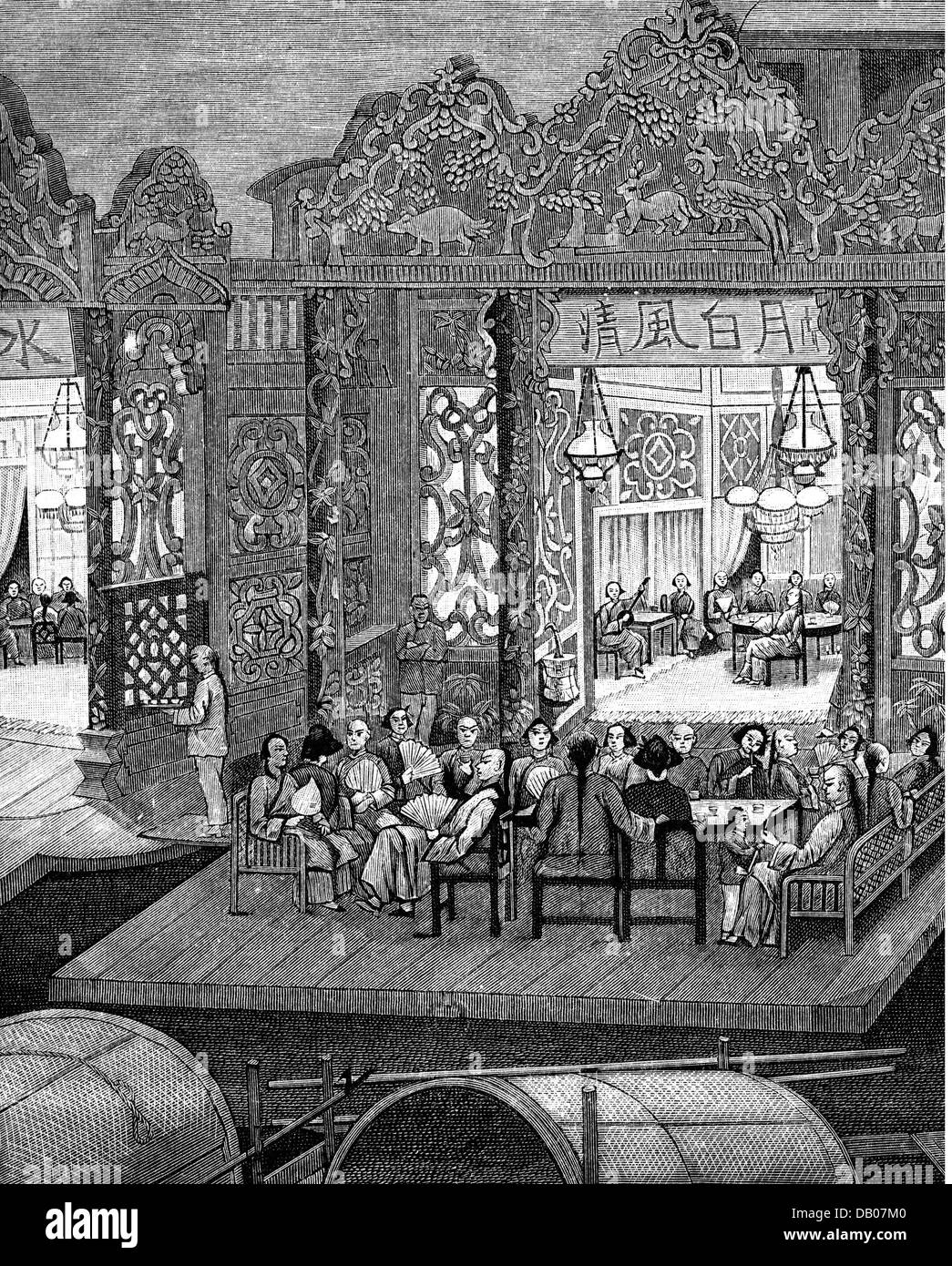 Geographie / Reisen, China, Menschen, Gruppe feiert in einem Blumenboot, Gravur, nach Hammer, 18. Jahrhundert, Asien, Schiffe, Boote, Vergnügungsschiff, Ausflugsboot, Blumenboot, Unterhaltung, Vergnügen, Feier, feiern, feiern, Musiker, Musiker, Musik machen, Musik spielen, Musik machen, Musik machen, Musik machen, Musik machen, Musik machen, Musik machen, spielen, sitzen, Sitzen, Tisch, Tische, Fächer, Fans, historisch, Männer, Mann, Mann, Frau, Frauen, weiblich, Zusatzrechte-Clearences-nicht vorhanden Stockfoto