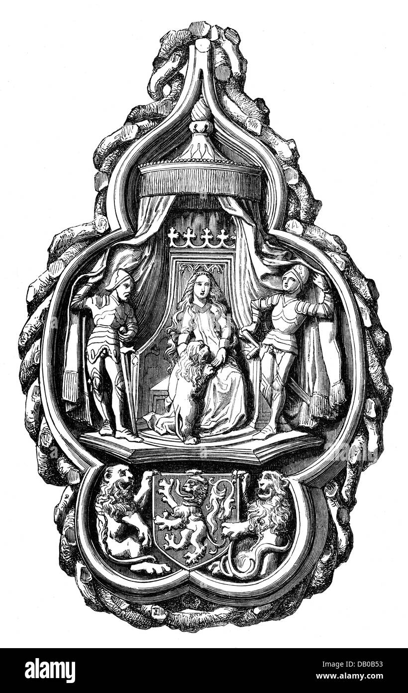 Bildende Kunst, Kunsthandwerk, Escutcheon, von Corneille de Bonte, 15. Jahrhundert, Silber, vergoldet, Stadtmuseum, Gent, Holzstich, Zusatzrechte-Clearences-nicht vorhanden Stockfoto