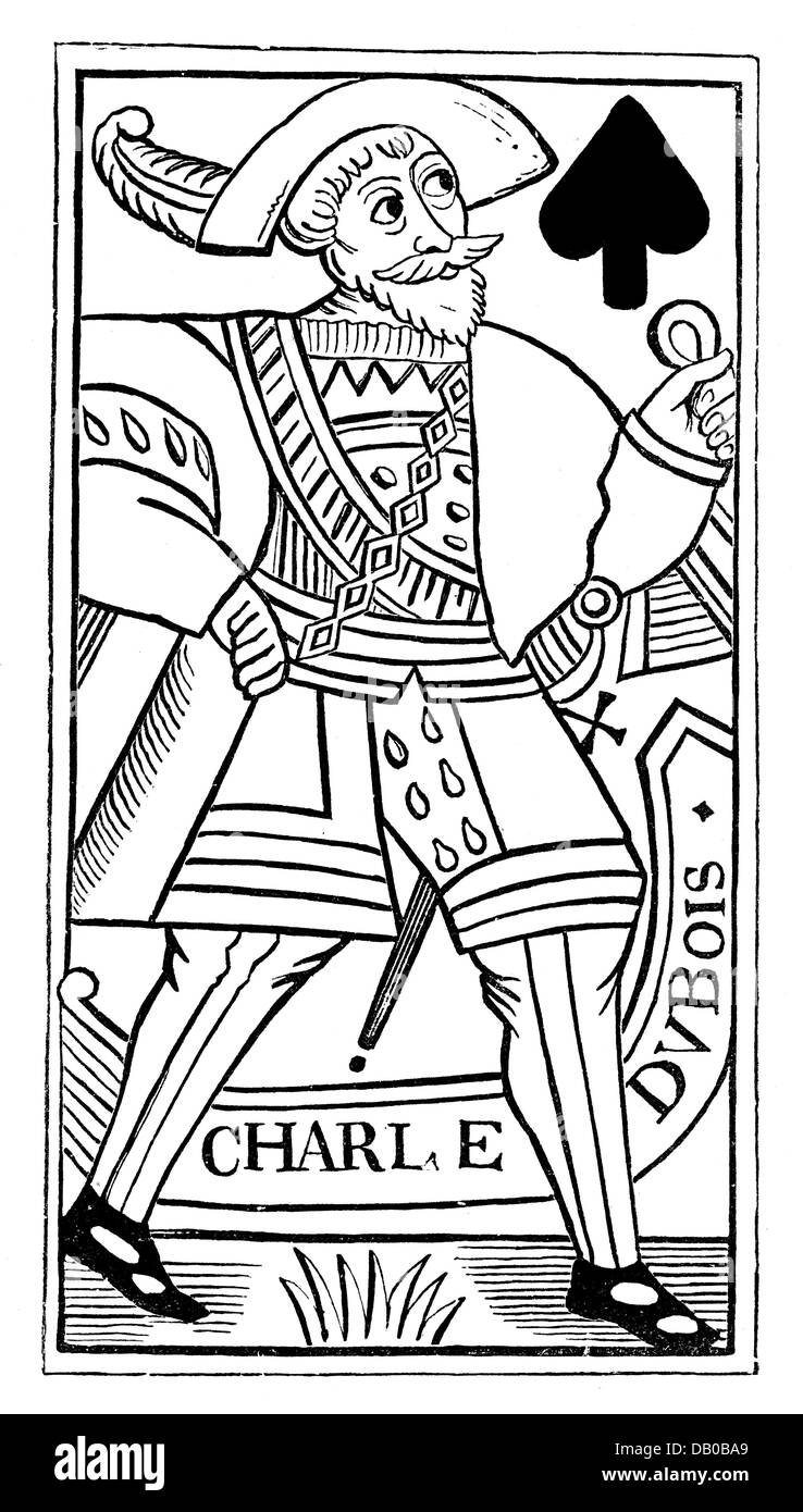 Spiel, Karten, Spielkarte, Französisch, Pik-Bube, 'Charle Dubois', 16. Jahrhundert, Holzstich, Kaiserliche Bibliothek, Paris, Zusatzrechte-Freikarten-nicht verfügbar Stockfoto
